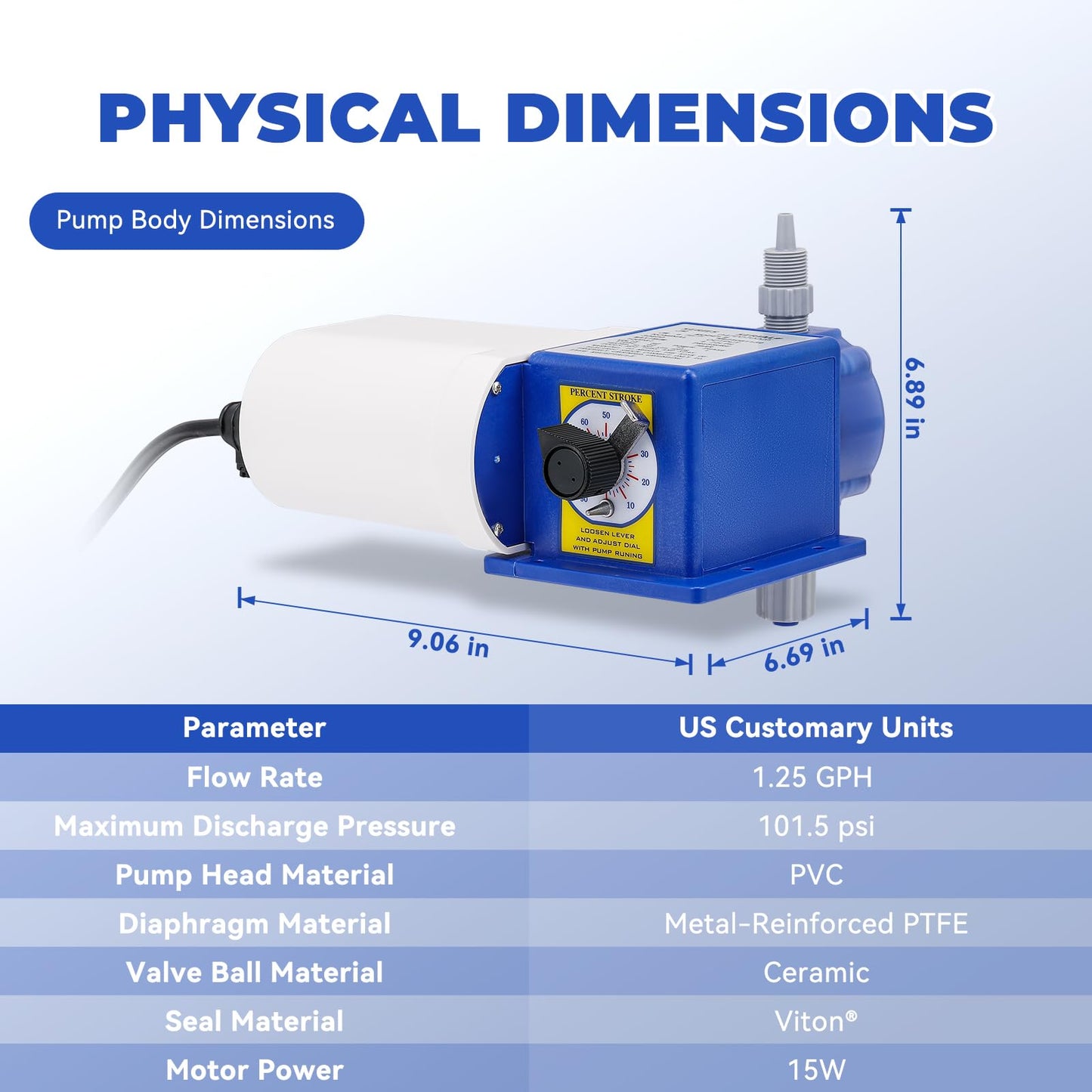 Crispaire Diaphragm Metering Pump for Chemical Laboratory Dosing 30 GPD (4.72 LPH) 100 PSI Adjustable Flow PVC Liquid End with Ceramic Ball Valves Includes Suction & Discharge Tubing 3/8" Ports
