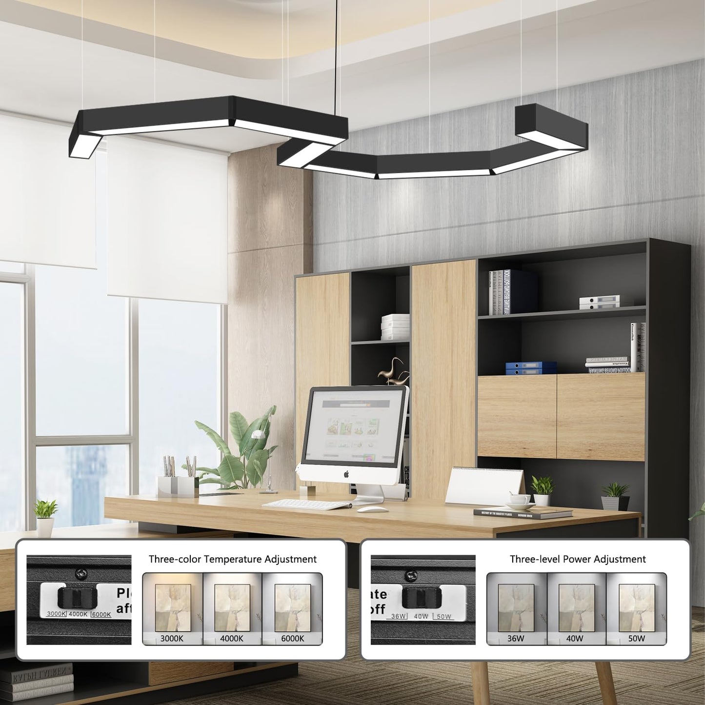 be studied 16FT LED Linear Light, 200W Pendant Light Fixtures, 0~10V Remote Switch, 3000K 4000K 6000K Color Changing Function, Combination Black Ceiling Shop Light, Suspended Office Lighting Fixture