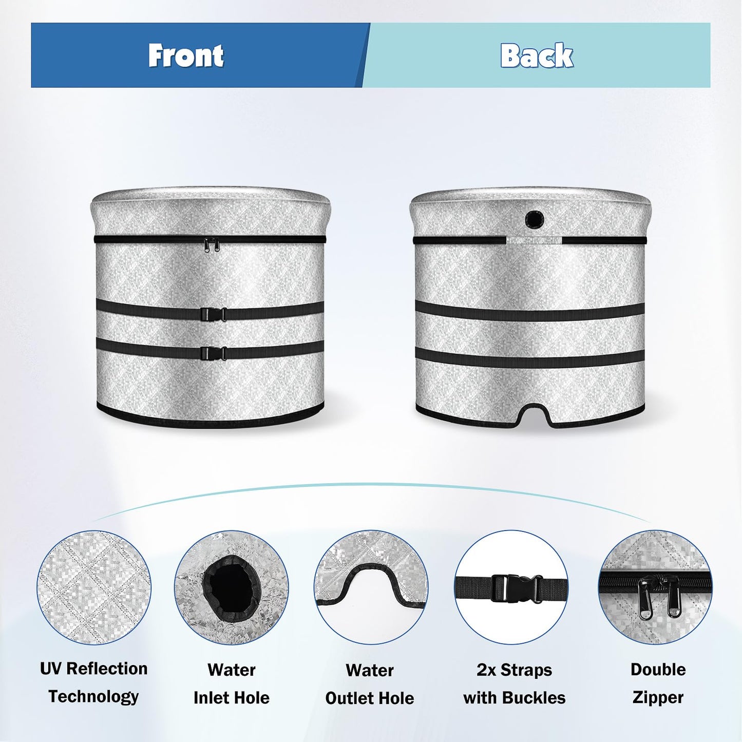 Ice Bath Tub Cover, 3 Layers Insulation and Silver UV Heat Reflective Cold Plunge Tub Cover with 2pcs Long Straps, Zip Up All Weather Protection, 32.5''D x 30.5''H