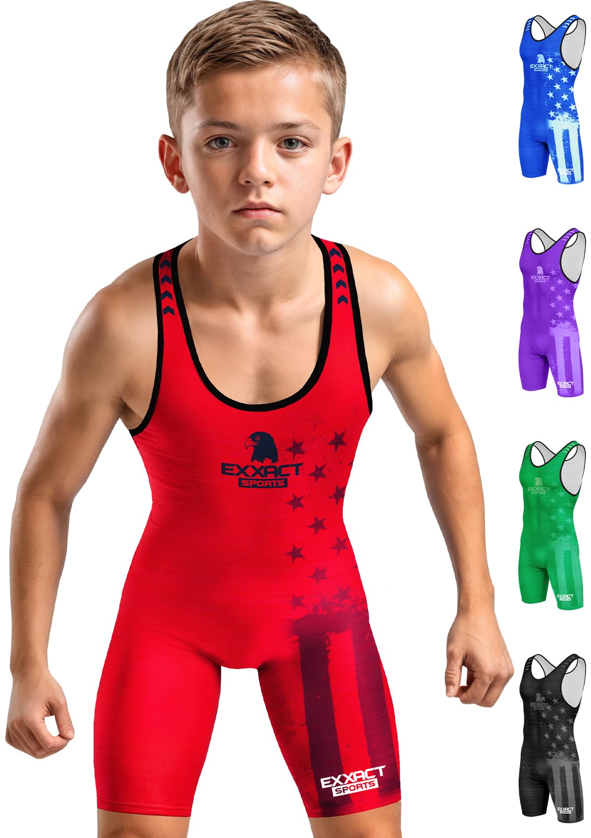 Exxact Sports Patriot Youth Wrestling Singlet For Boys, Premium Powerlifting Singlet, Kids Wrestling Singlets For Training (YL, Red)