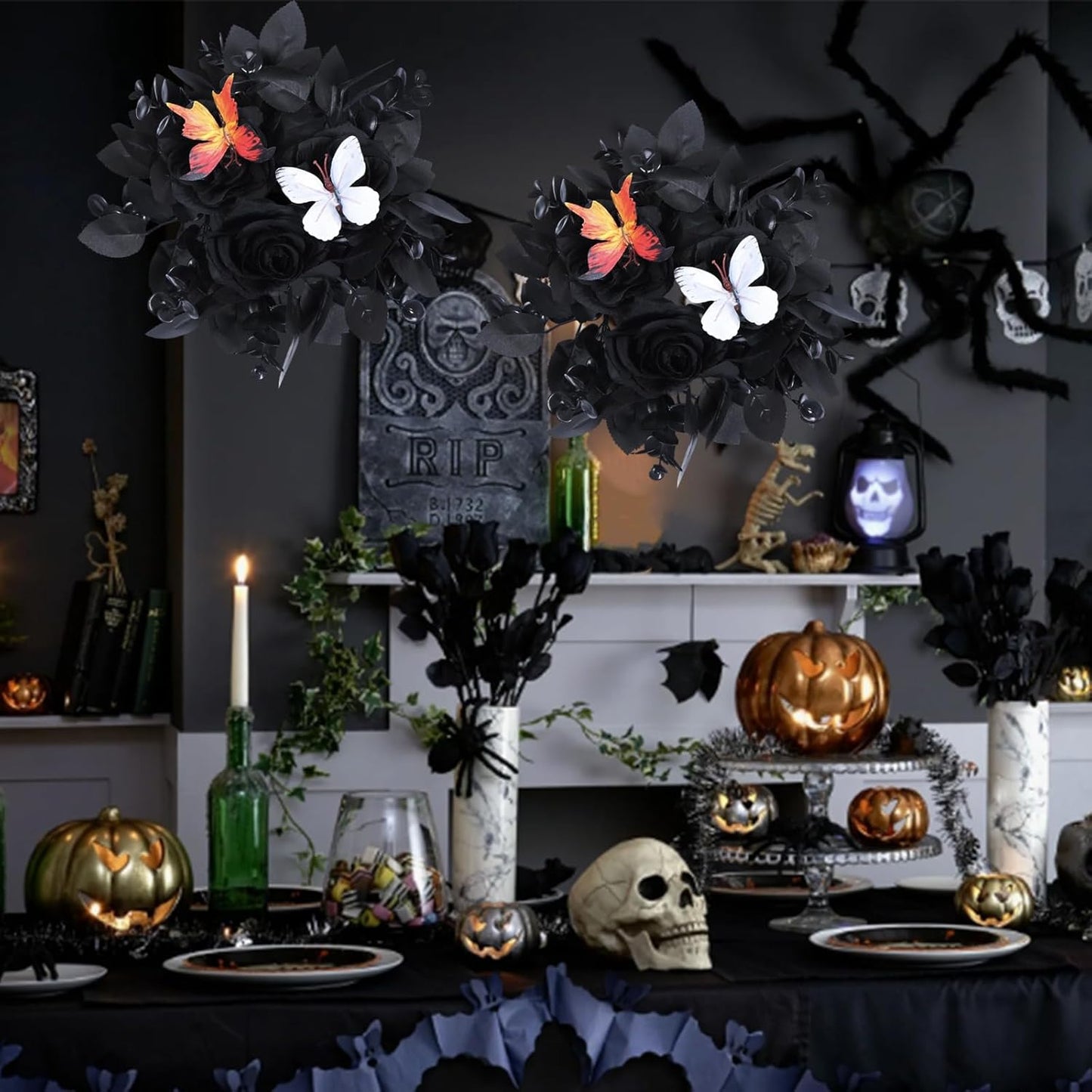 Regine Switzerland Halloween Rose Candle Ring Wreath - Gothic Black Floral with Butterfly & Artificial Leaves | Elegant Table Centerpiece