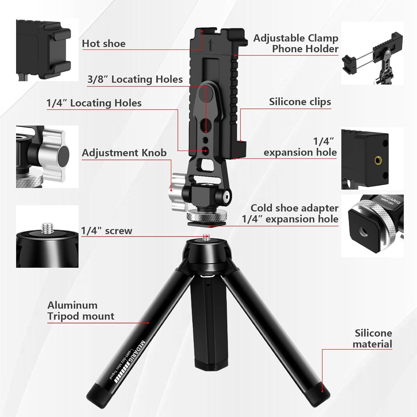 CAMEDAFLX Mount,360Adjustable Aluminum Tripod Stand Mount Universal Smartphone Adapter with Cold Shoe Cellphone Clamp