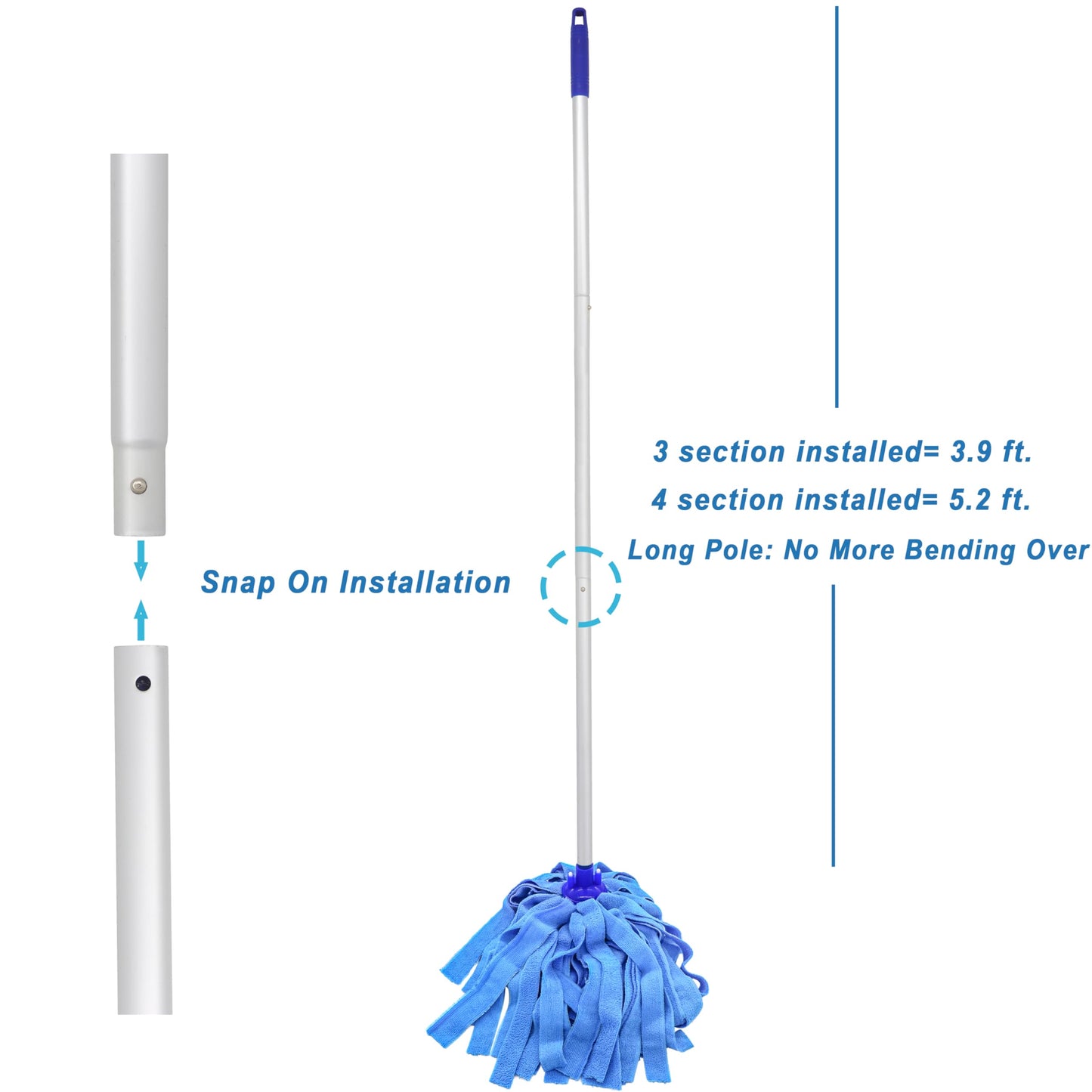 EaseYourDay Mop, One Pole with Two Blue Microfiber Cloth Heads (1 Handle & 2 Mop Heads)