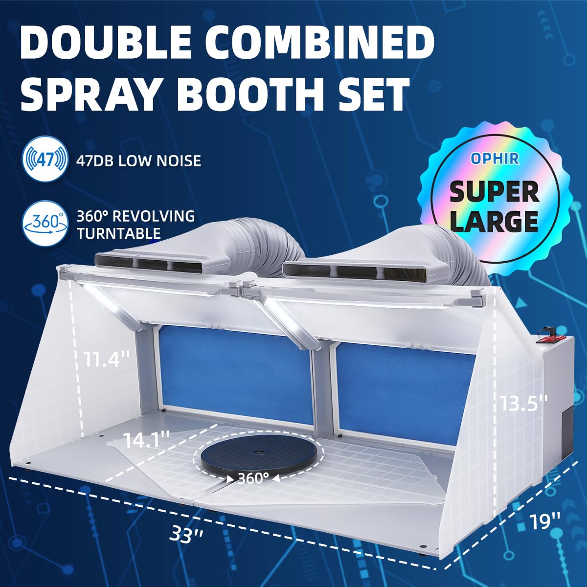 OPHIR 2 Sets of Portable Airbrush Spray Booth with 6 LED Lights, 2 Exhaust Hoses & 360° Turntables, Spray Paint Booth for Model Hobby Crafts, Foldable Ventilation Airbrush Booth for Indoor Painting