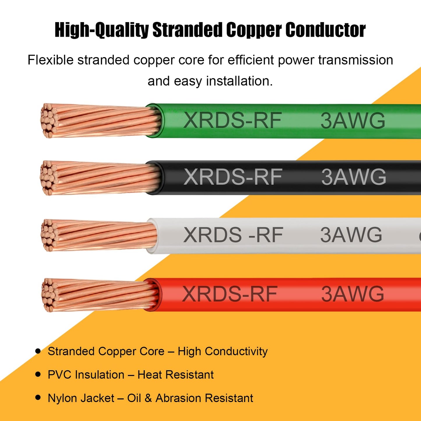 XRDS -RF THHN Wire 50FT, 3AWG Stranded Copper THHN Electrical Wire, Black Nylon-Coated Thermoplastic Insulated Cable for Indoor Conduit Wiring, 600V Rated