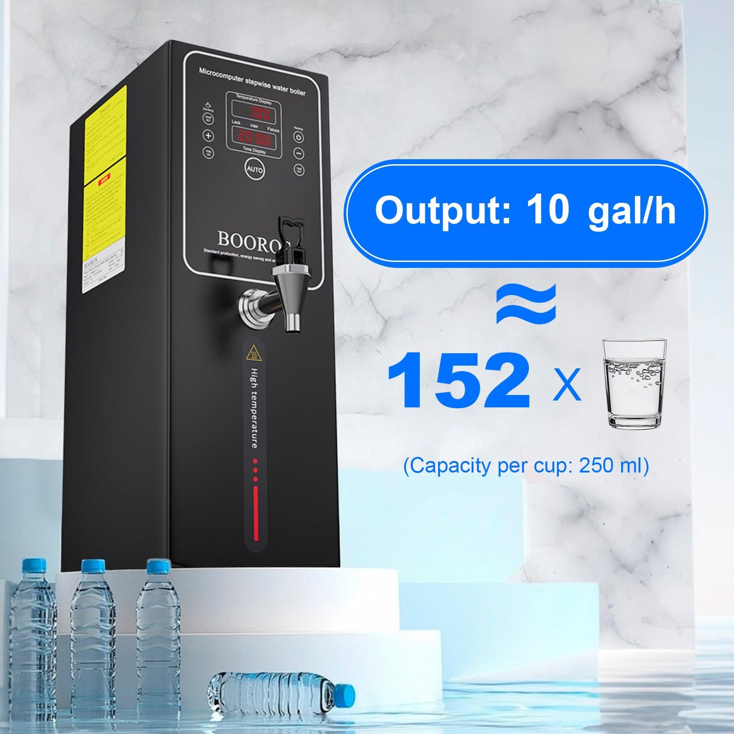 BOOROS Commercial Hot Water Dispenser Black Hot Water Dispenser Countertop 15L Commercial Hot Water Boiler, 24-Hour Timer,1500W Step-heating 38L(10GAL)/Hour for Restaurant,Hotel,Office,Home,Capacity