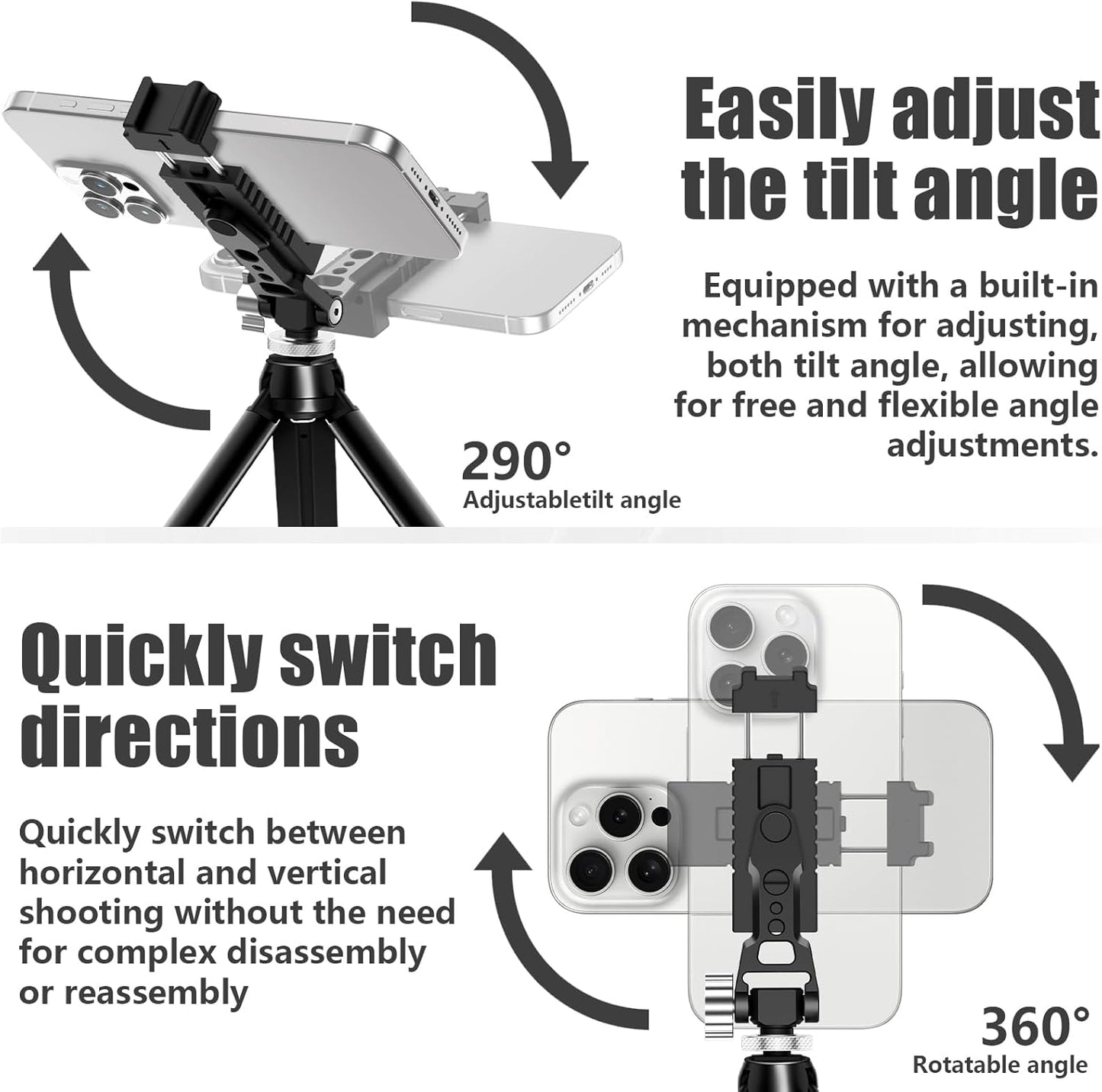 CAMEDAFLX Mount,360Adjustable Aluminum Tripod Stand Mount Universal Smartphone Adapter with Cold Shoe Cellphone Clamp