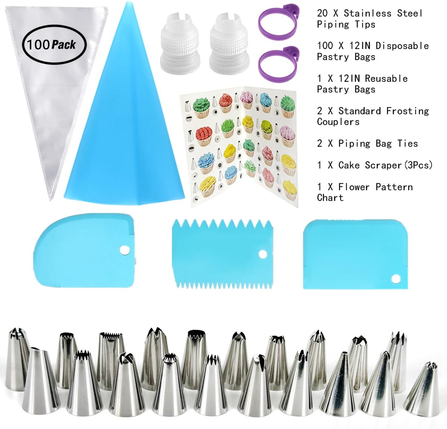 Skiennix Piping Bags and Tips Set - 100PCS 12 Inch Disposable Pastry Bags for Cake Decorating & Frosting