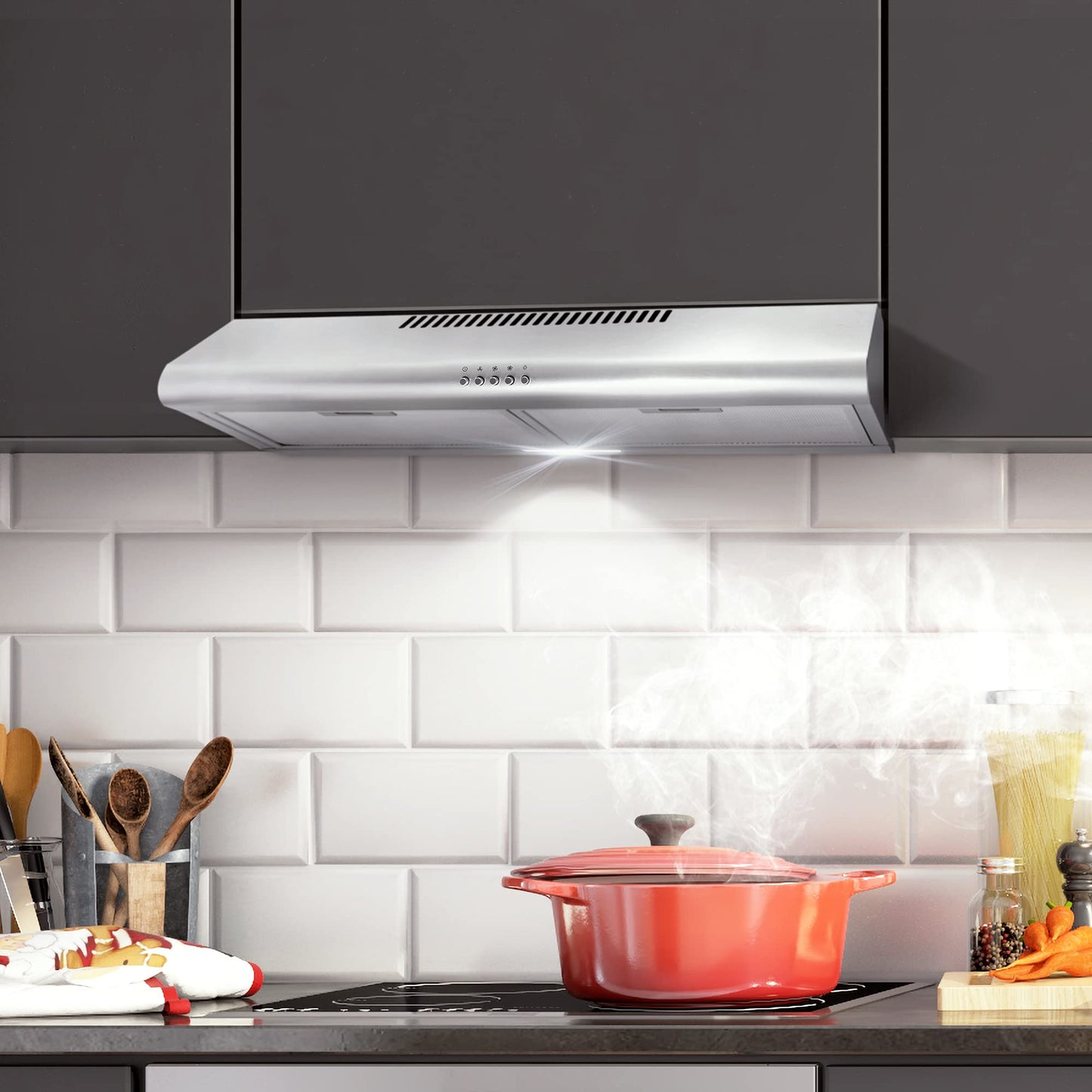 COSMO COS-5MU30 30 in. Delta Collection Ducted Under Cabinet Range Hood, Button Controls, Reusable Filters, LED Lights, Stainless Steel
