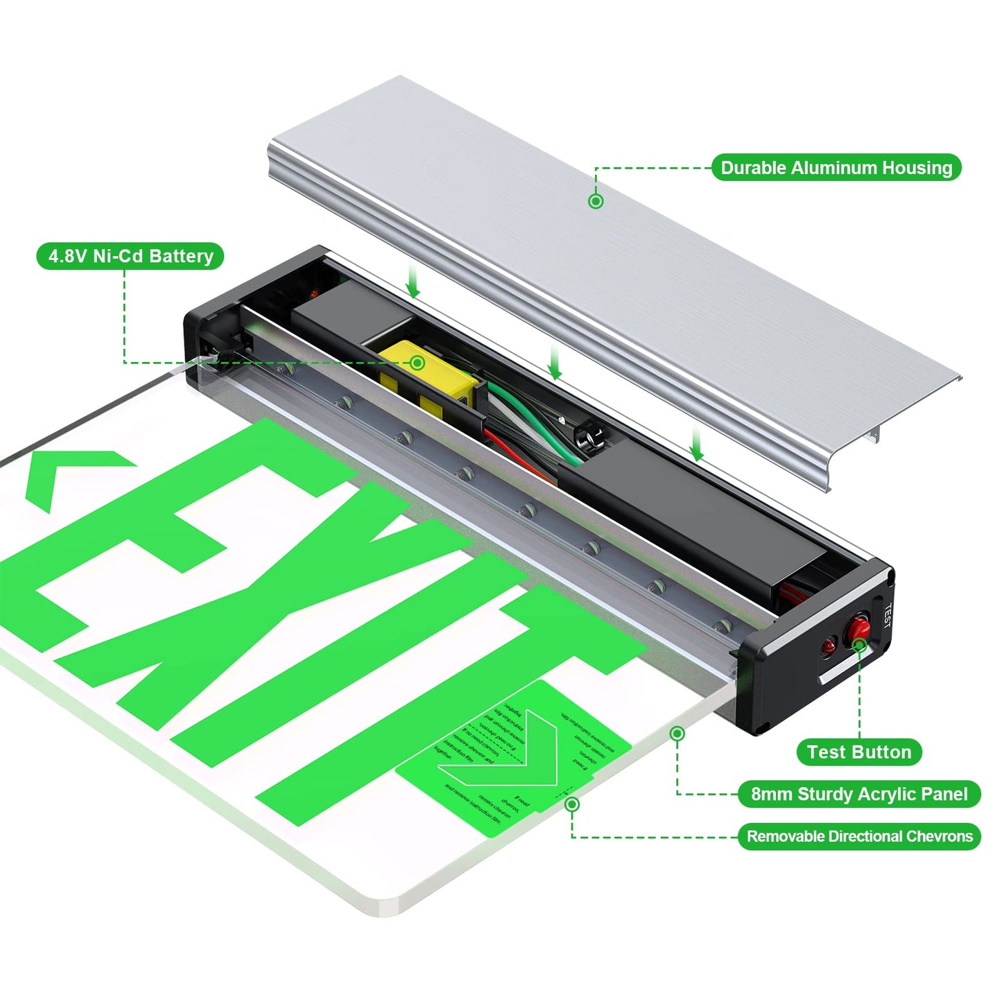 Green LED Edge Lit Exit Sign Brushed Aluminum Housing, UL Listed Emergency Exit Signs Single Sided Clear Acrylic with Battery Backup, AC 120-347V Hardwired Exit Lights, Top/Side/Wall Mount (4 Pack)