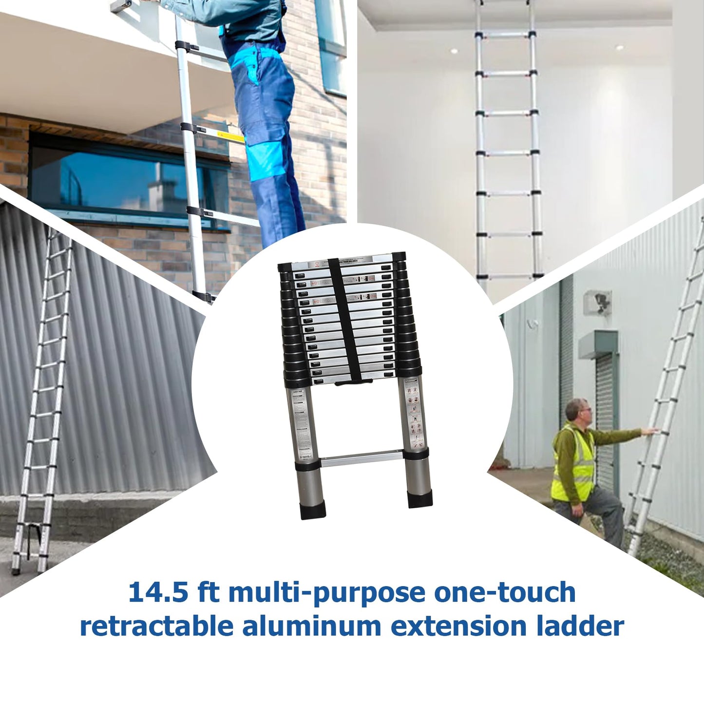 WFLNHB 14.5 FT Telescoping Ladder One Button Retraction Aluminum Extension Ladder Collapsible Suitable for Outdoor or Indoor