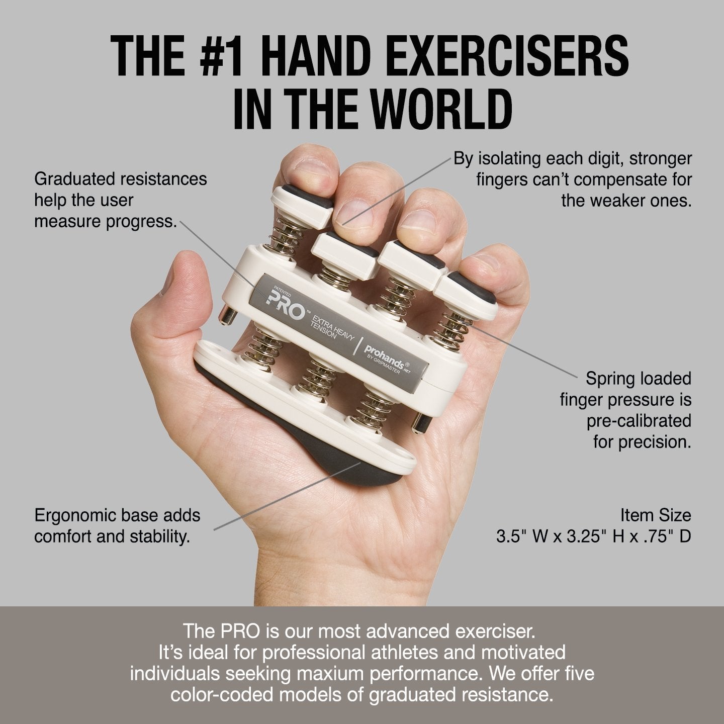 Prohands PRO Hand Exerciser, Finger Exerciser (Hand Grip Strengthener), Spring-Loaded, Finger-Piston System, Isolate and Exercise Each Finger, (11 lb Extra-Heavy Tension, Gray-Pro)