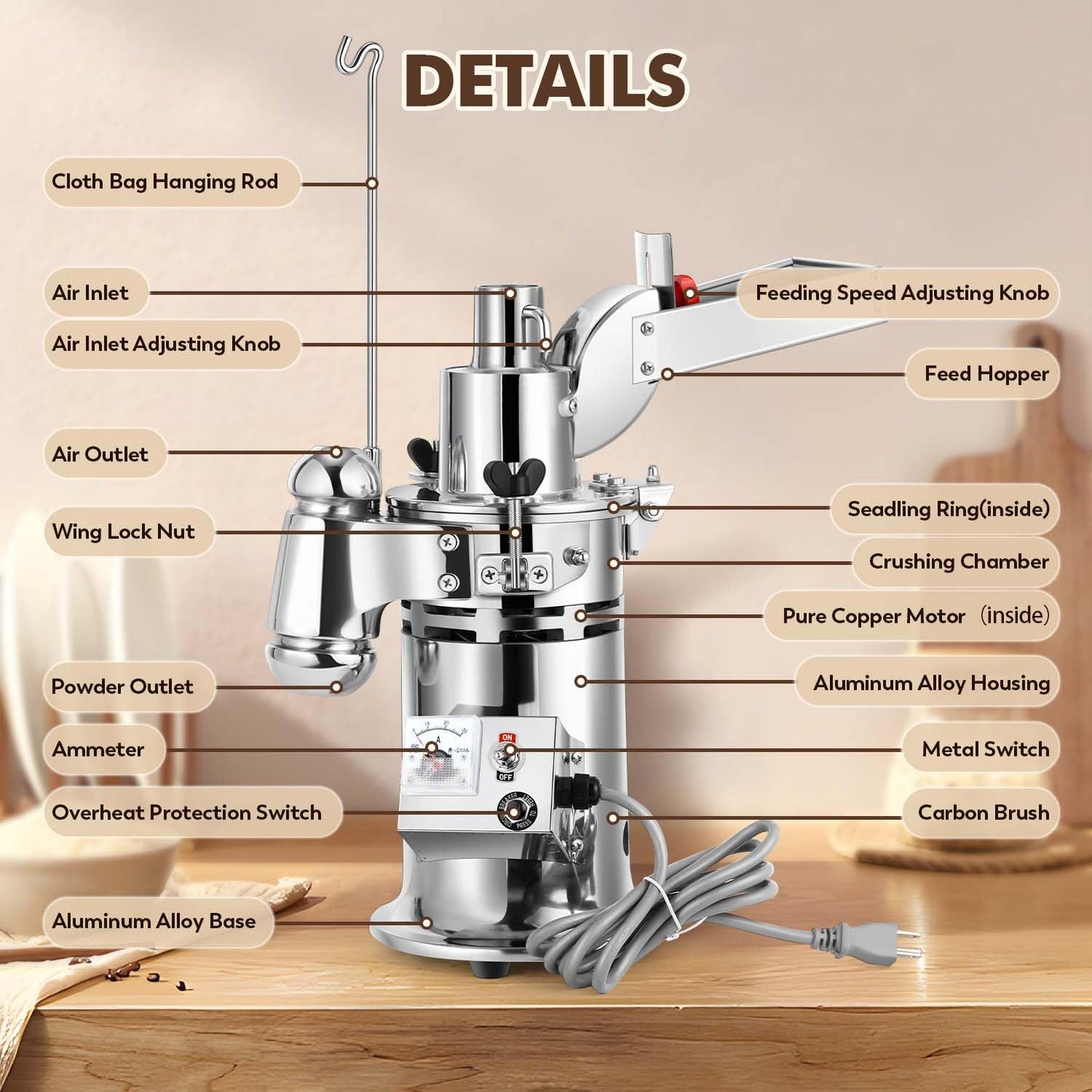 Moongiantgo Hammer Mill Grinder Electric 1200W Continuous Herb Grinder, Capacity 6.6-33 Lbs/H, with 6 Sieve Meshes, Commercial Grinding Machine for Dry Herb Grain Spice Corn Nutmeg, 110V