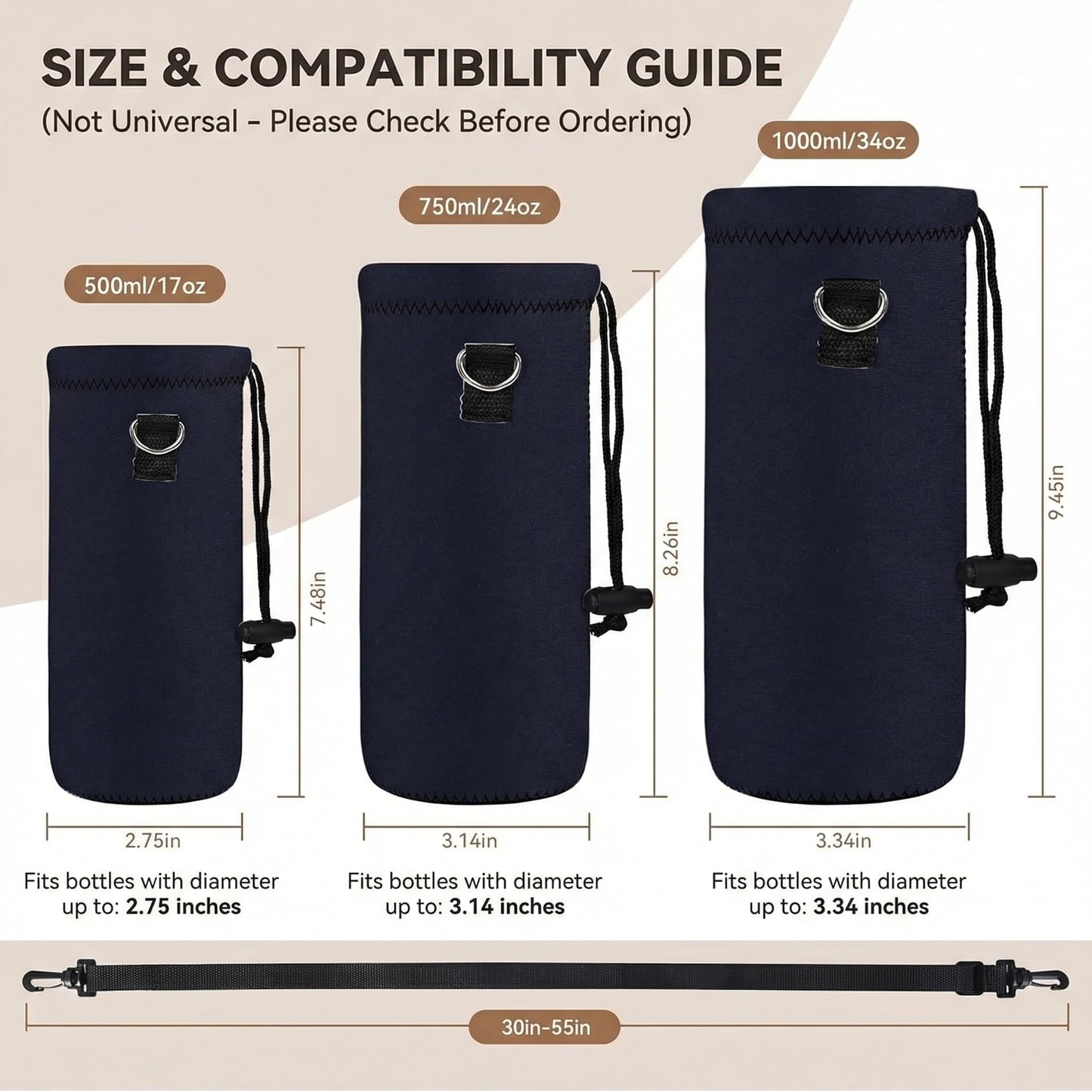 AUPET Water Bottle Carrier,Insulated Neoprene Water bottle Holder Bag Case Pouch Cover 1000ML or 750ML,Adjustable Shoulder Strap, Great for Stainless Steel and Plastic Bottles