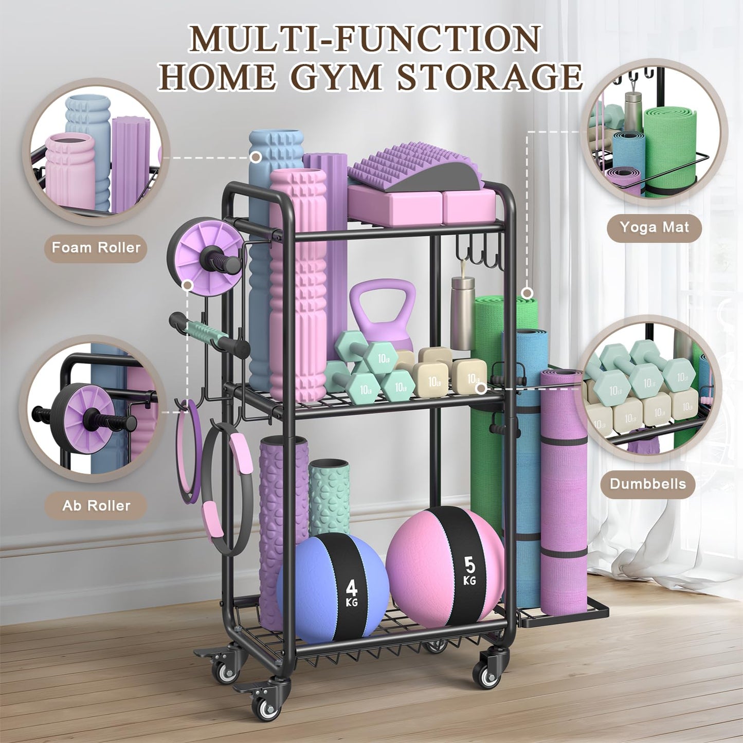 Multi-Functional Home Gym Storage Rack - Yoga Mat Storage Rack, Dumbbell Weight Rack & Workout Equipment Storage with Heavy-Duty Steel Construction for Gym Fitness Organizer (Black)