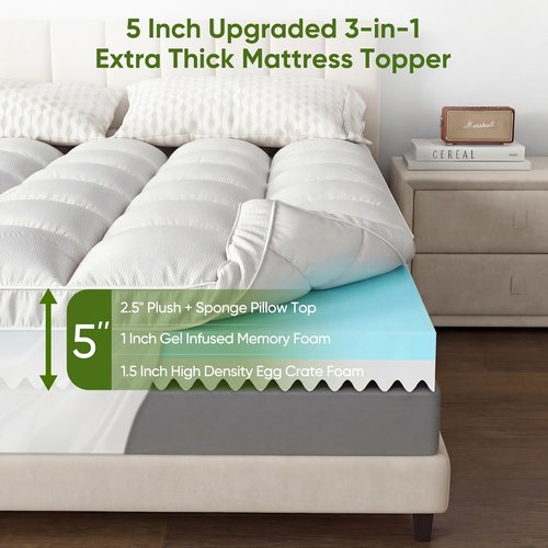 Extra Thick Memory Foam Mattress Topper by [Brand Name] - Dual Layer 2.5" Gel Foam & Cooling Bamboo Pillow Top for Back Pain Relief | Queen Size 80x60x5in