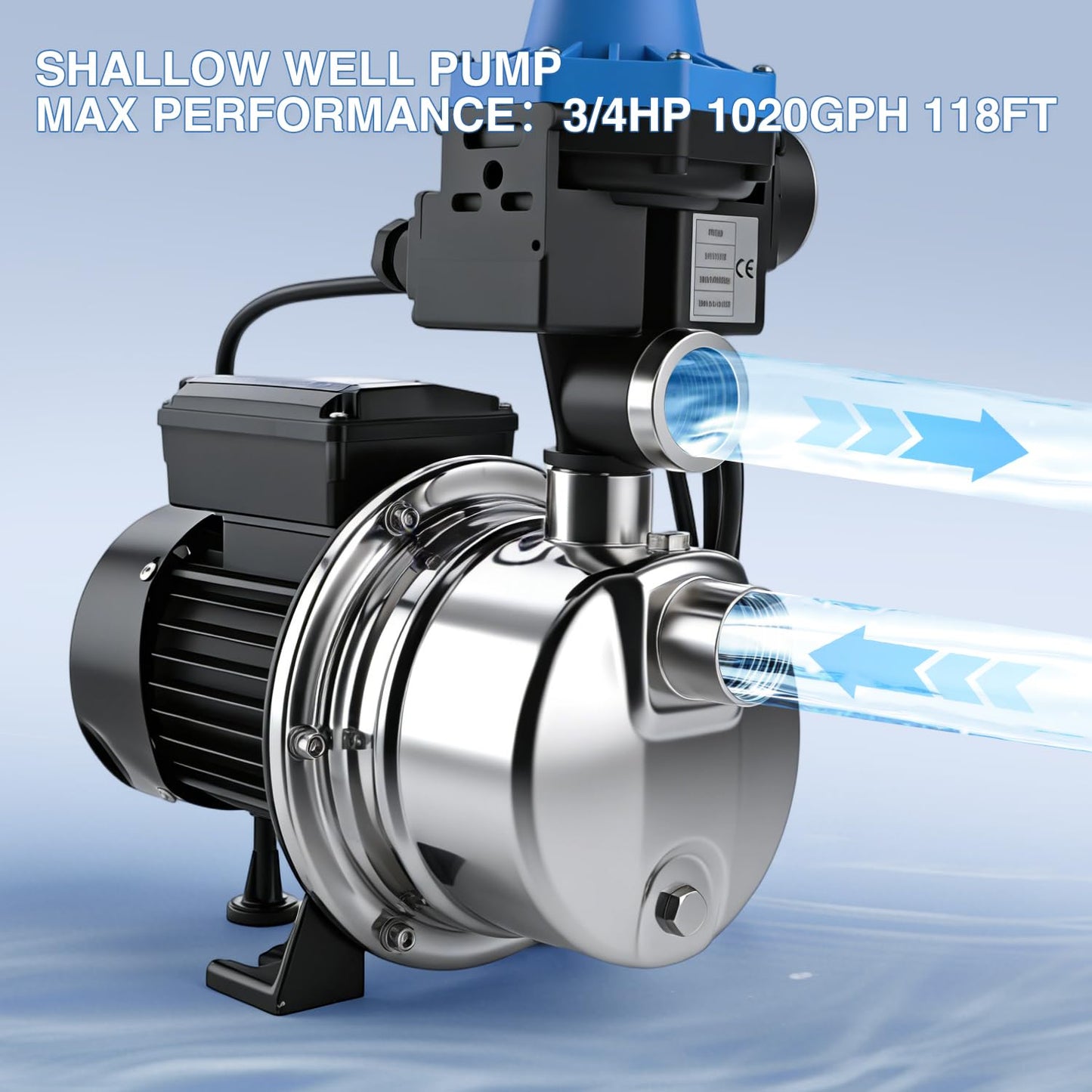 Weeflos 3/4 HP 1020 GPH Shallow Well Water Jet Pump Stainless Steel Automatic Water Booster Pump 118FT 115V for Home, Garden, Lawn Transfer Draining Irrigation