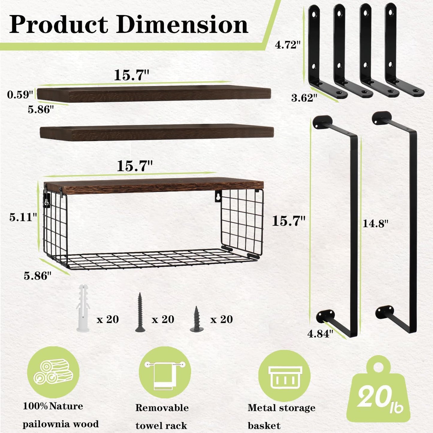Regine Switzerland Floating Shelves - Wall Mounted Bathroom Organizer with Storage Basket & Towel Rack | Dark Brown, Set of 4, 16 in