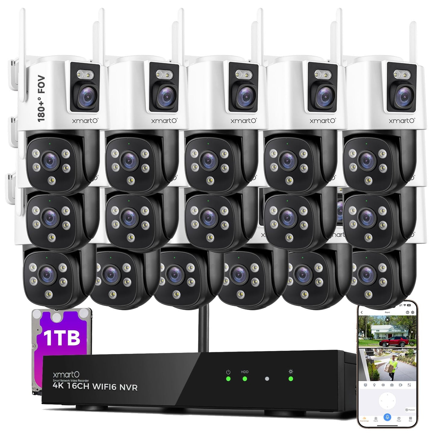 XMARTO [16 Dual-Lens Camera Bundle] 32-View Long Range WiFi6 Mesh Security System, 16CH 4K Dual Band NVR, 4MP 180°+Static FOV & 360°PTZ AI Tracking, 24/7 Plug-in Surveillance, 1TB HDD, No Monthly Fee