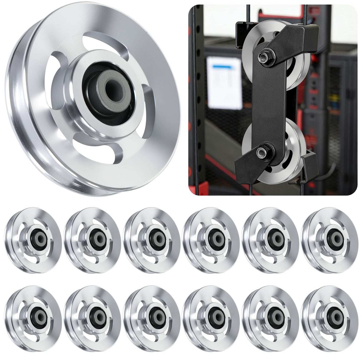 BESTEEL 12pcs 90mm Universal Aluminum Pulley Wheel for Gym Equipment, Silent Cable Machine Replacement Part,Heavy Duty Undeformable Fitness Aluminum Alloy Bearing Gym Pulley Wheel for Home Gym(Silver)