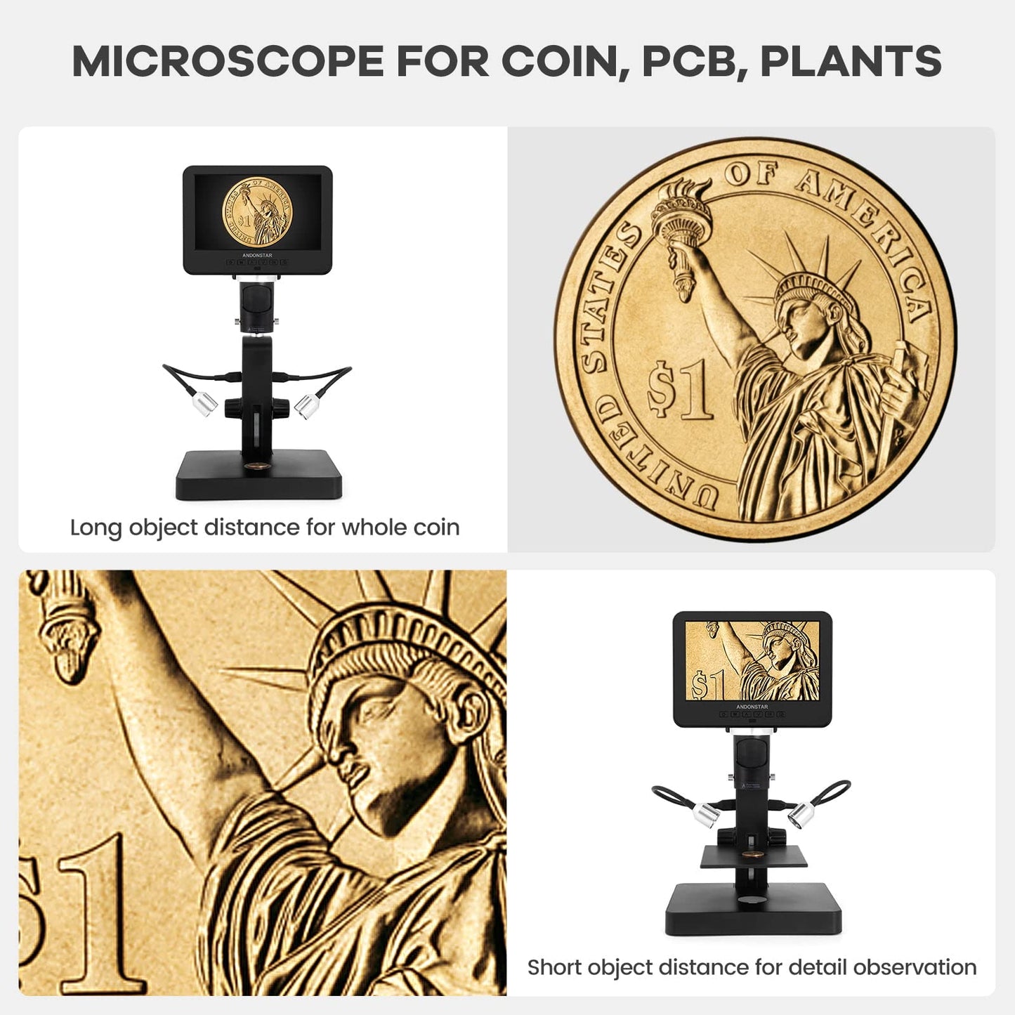 Andonstar AD246S-P HDMI Digital Microscope with 7'' Screen, 4000x 3 Lens 2160P UHD Video Record, Coin Microscope for Error Coins, Biological Microscope Kit for Adults and Kids, Prepred Slides