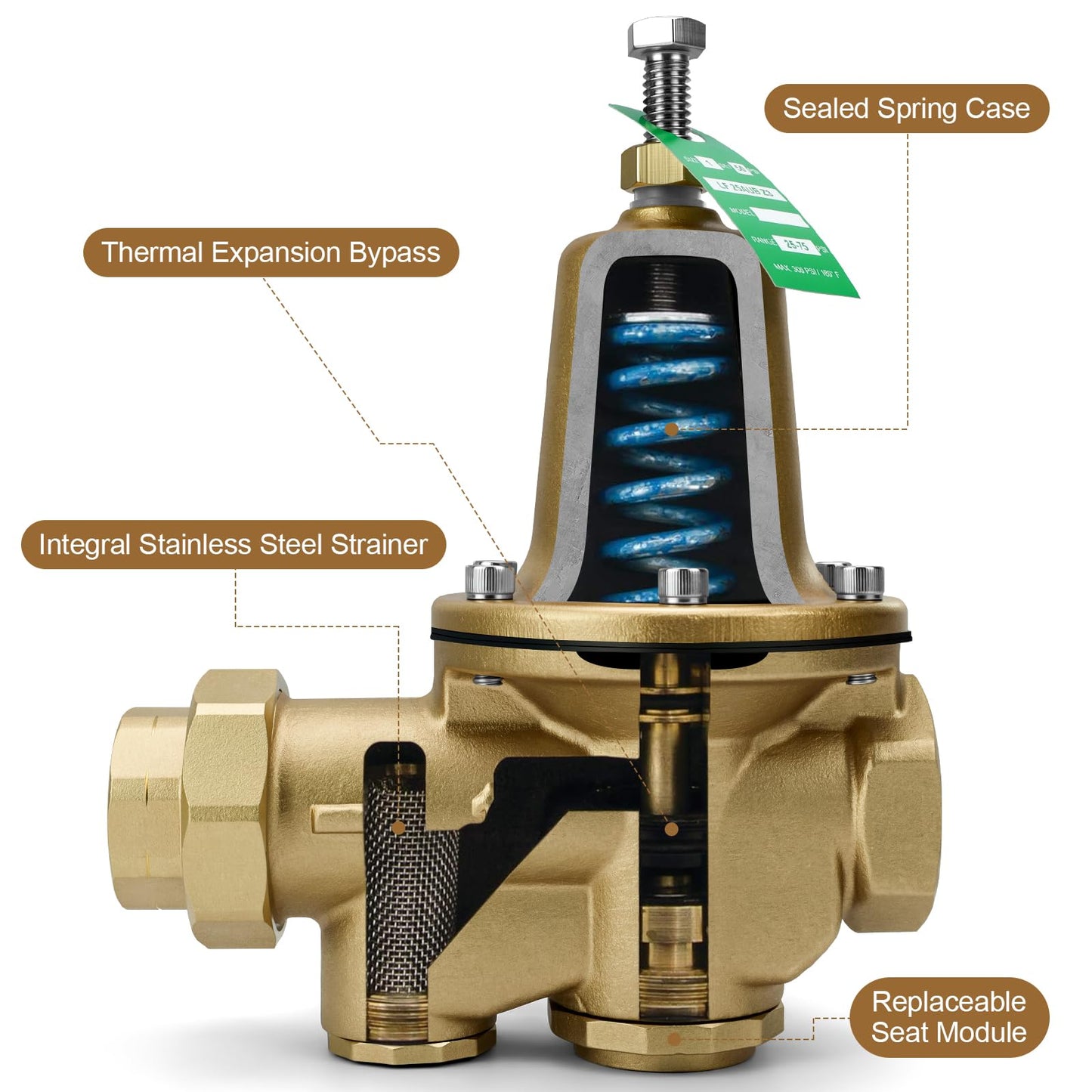 LF25AUB-Z3 1" Cast Copper Silicon Alloy Pressure Reducing Valve, Adjustable 25-75 psi, Maximum 300 psi, NPT Female Union x NPT Female Outlet, Polymer Seat