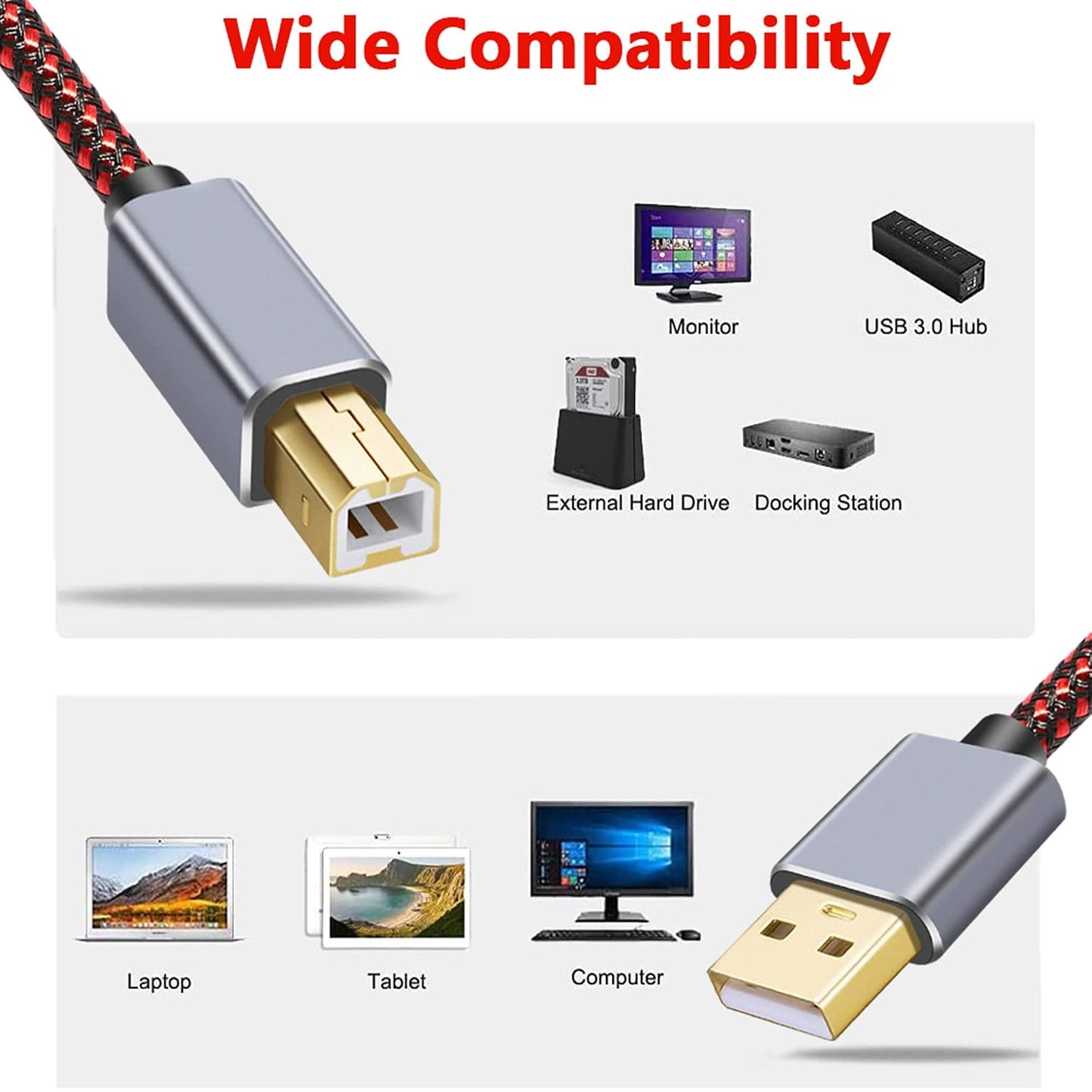 Tiierzon 1.5Ft, USB Printer Cable - Type A Male to B Male, High Speed, Compatible with HP, Canon, Dell, Lexmark, Xerox