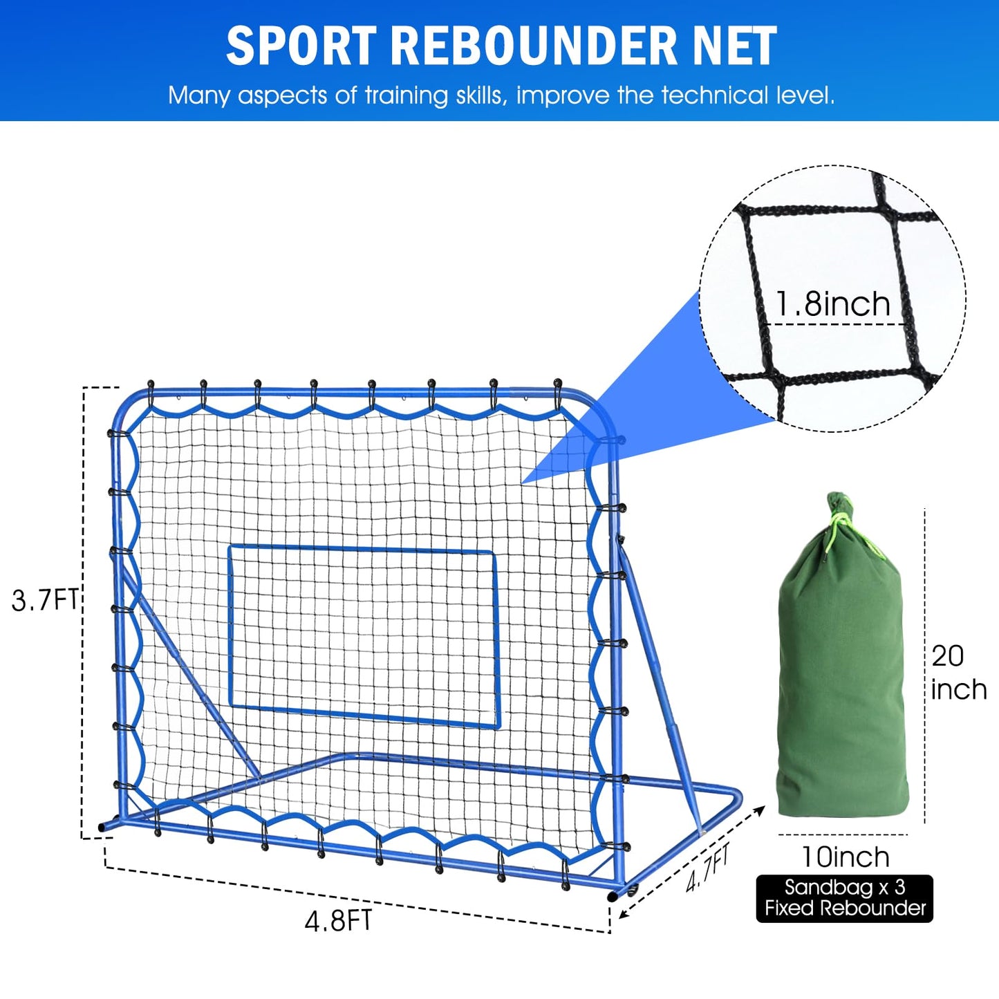 5x4FT Soccer Baseball Rebounder Net, Volleyball Softball Rebound PitchBack Net Quick-Switch Angle Soccer Training for Control, Passing Practice, Lacrosse Bounce Back Rebounder Gifts Trainer Equipment