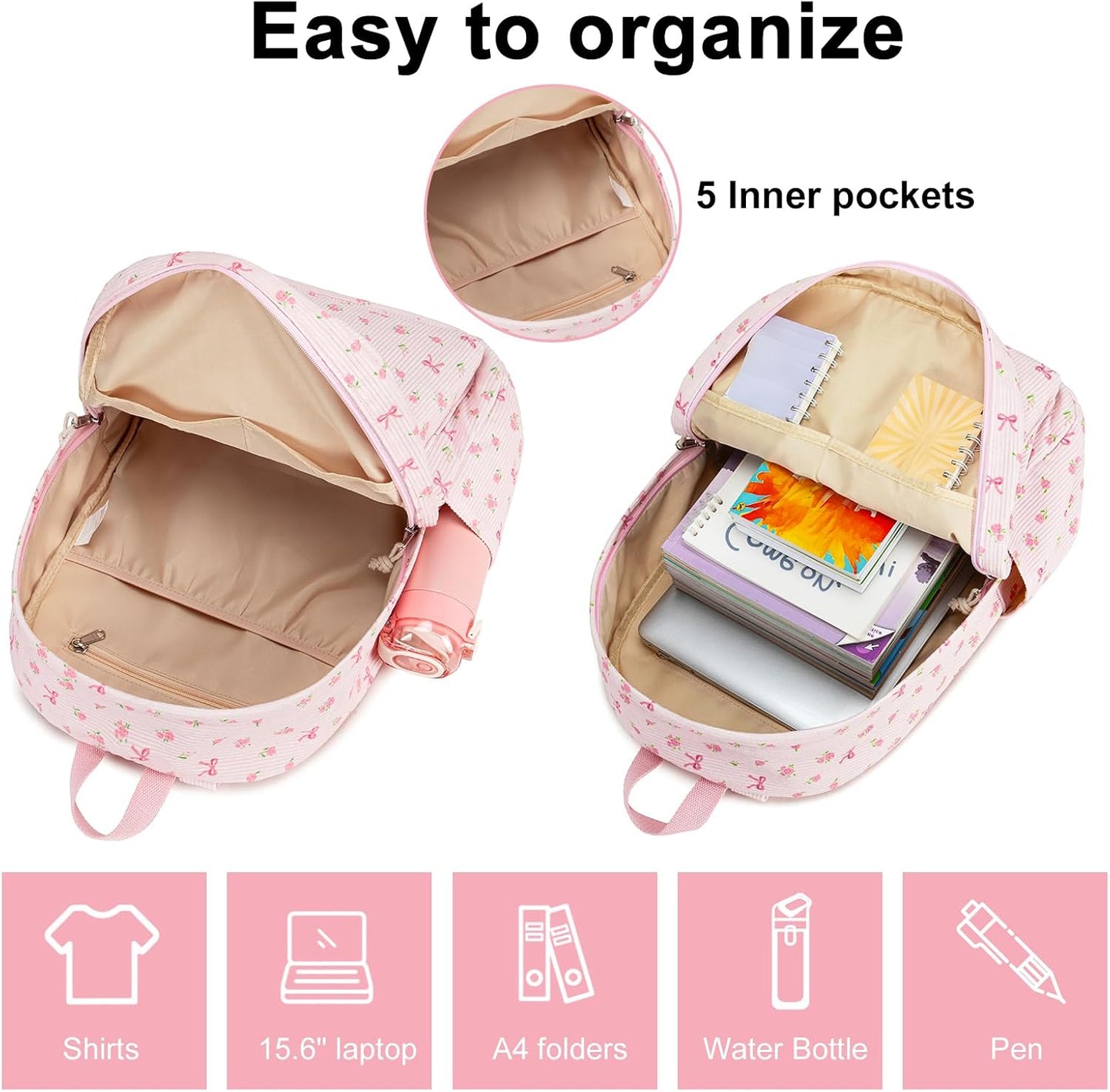 Backpack 17 inch Floral-1) BTOOP School for Girls Teens Large Corduroy Bookbag Lightweight Casual High School College