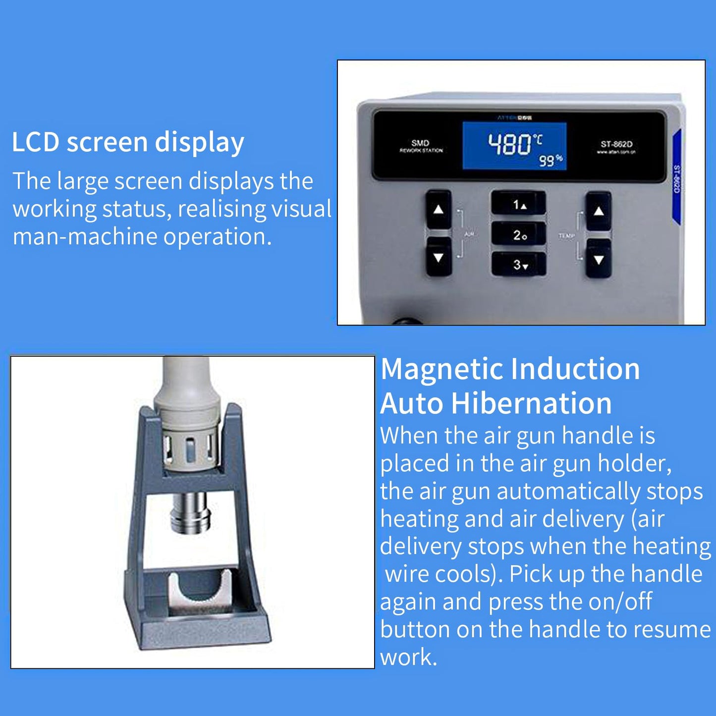 Hot Air Rework Station,1000W Digital Display Automatic Sleep Hot Air Gun Soldering Station, Adjustable Temperature Desoldering Gun BGA Rework Station
