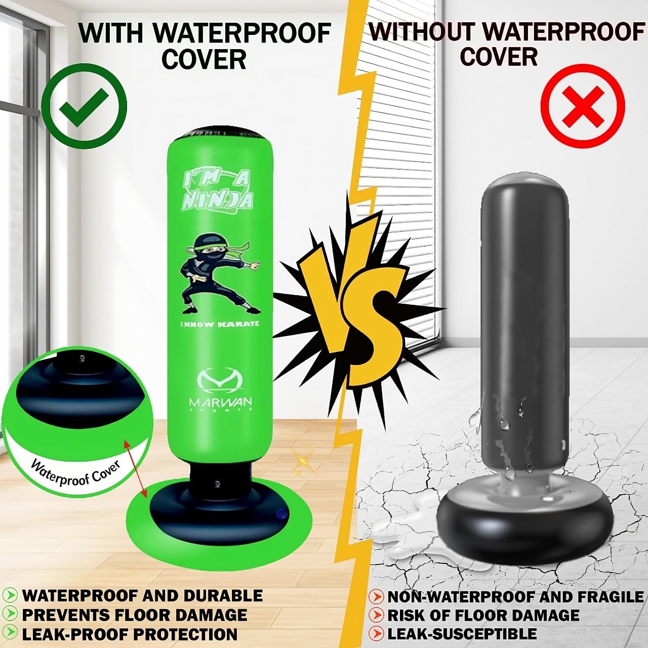 Marwan Sports Ninja Inflatable Punching Bag for Kids 4-12, Indoor Active Play for Sensory Seekers & High-Energy Kids, 63" 5-in-1: Gloves, Manual Pump, Funnel & Drag-Handle Base Cover, Apartment-Quiet