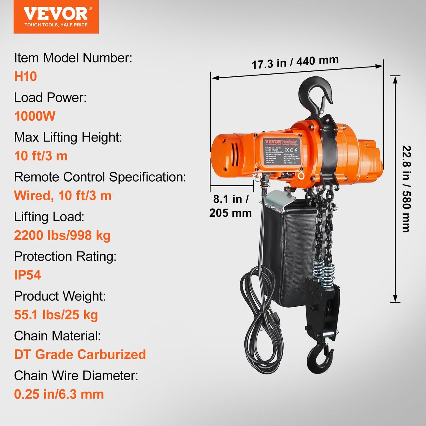 VEVOR Electric Chain Hoist, 2200 lbs Load Capacity, 10 ft Lifting Height, 120V Single Phase Overhead Crane with Chain, 10 ft Wired Remote Control for Garage, Shop, Hotel, and Home