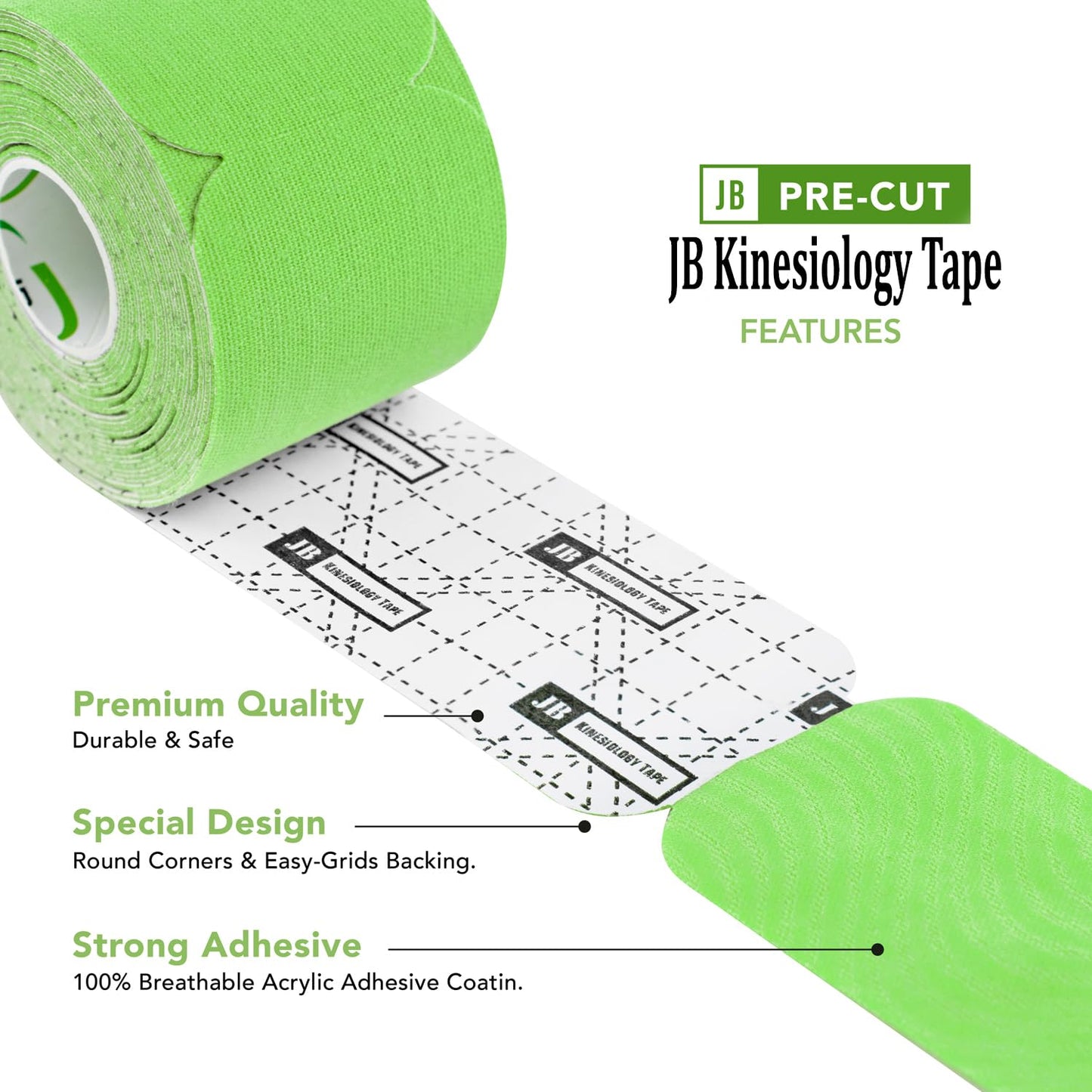 June Bugz Enterprises JB Tape Kinesiology Tape – 80 Precut 10-Inch Strips – Green – Elastic, Latex-Free, Water Resistant – Athletic Muscle & Joint Support – 4 Rolls