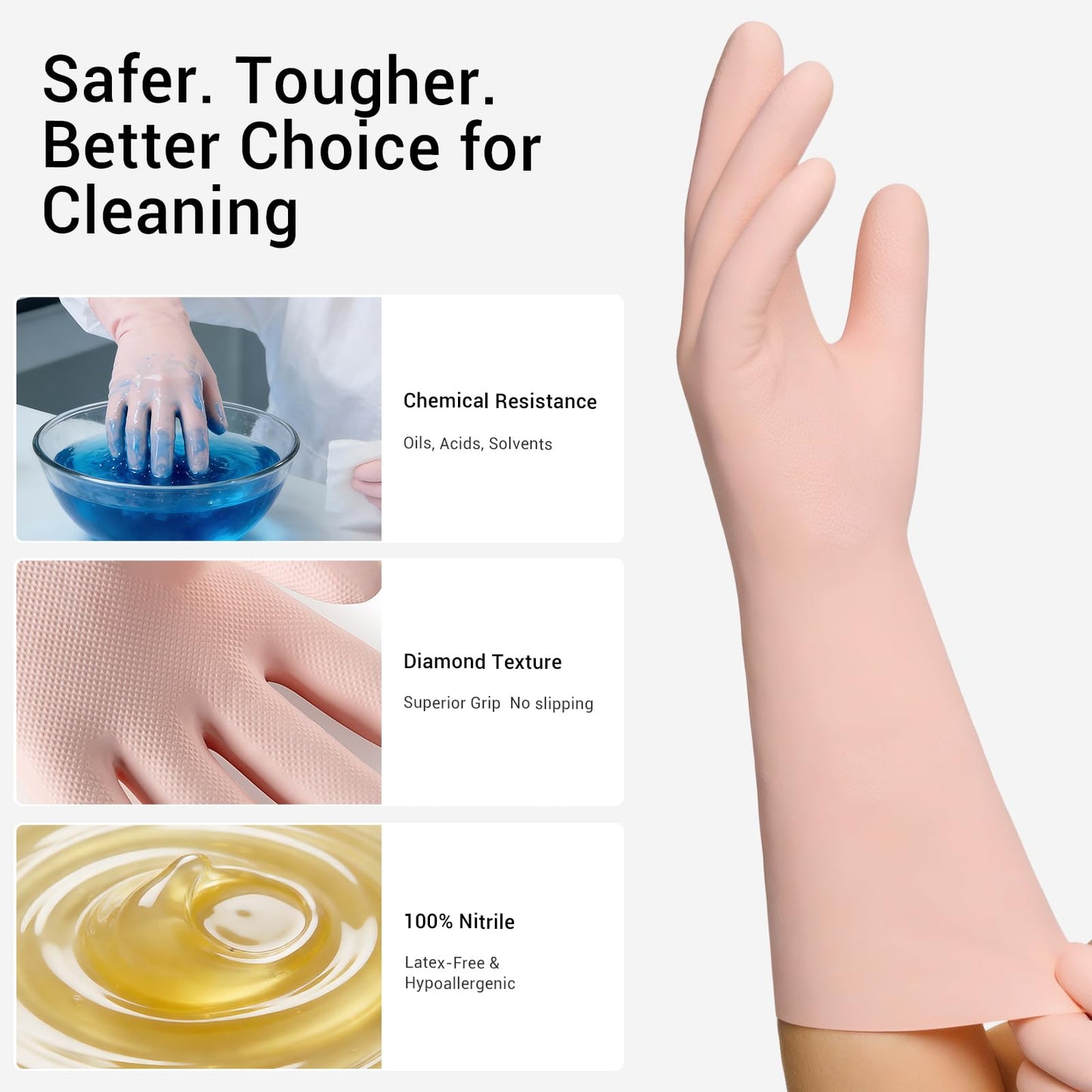 ThxToms 2 Pair Nitrile Dishwashing Cleaning Gloves, with Cotton Flocked Liner, Reusable, Skin-Friendly & Anti-Slip Design for Household & Kitchen Use, Pink&Blue, M
