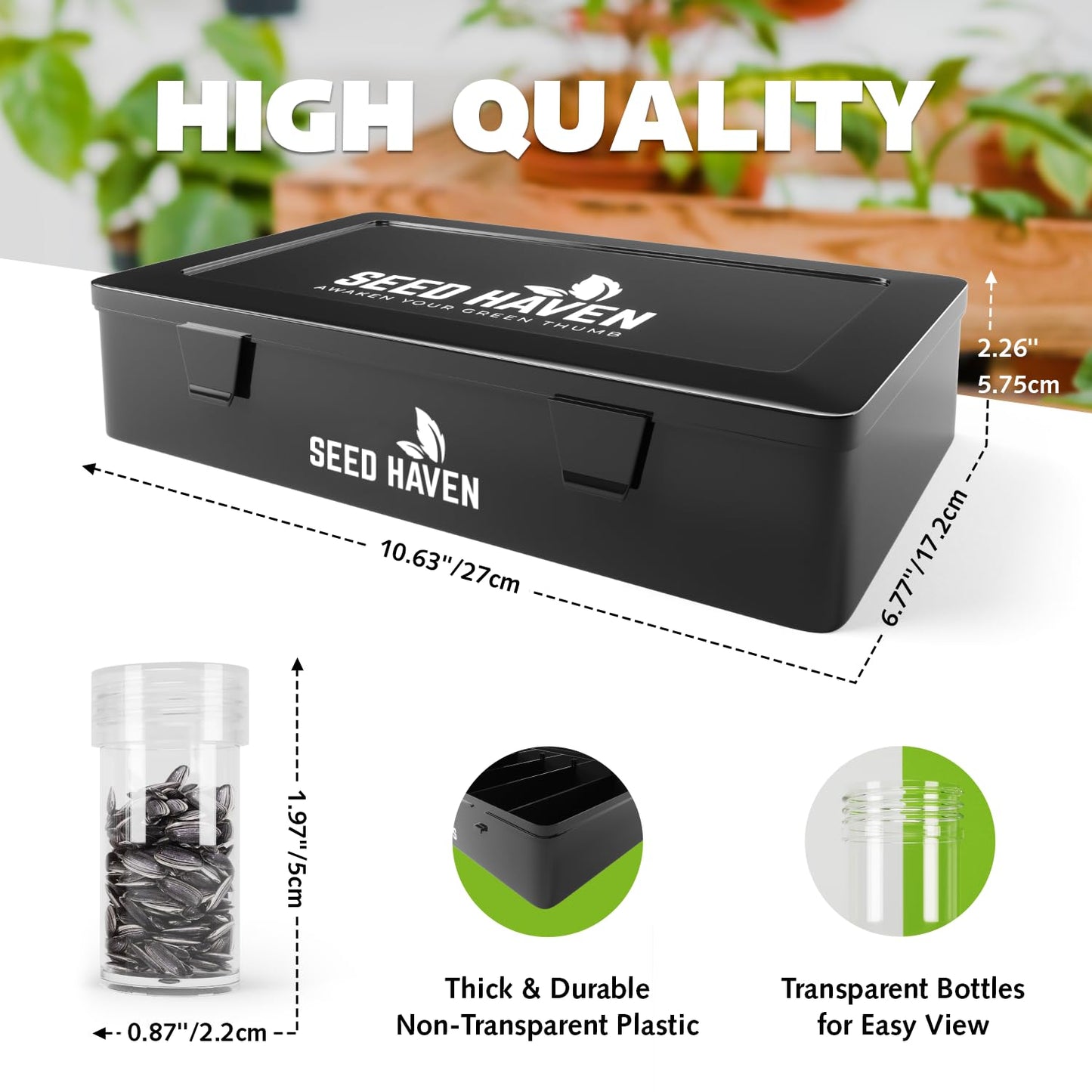 Seed Organizer Storage Box, Black Opaque Light Proof Seed Bank with 60 Transparent Bottles & Labels, Seed Holder Packet Organizer, Seed Vault Container for Homesteaders, Garden Tackle and Bead Sorter