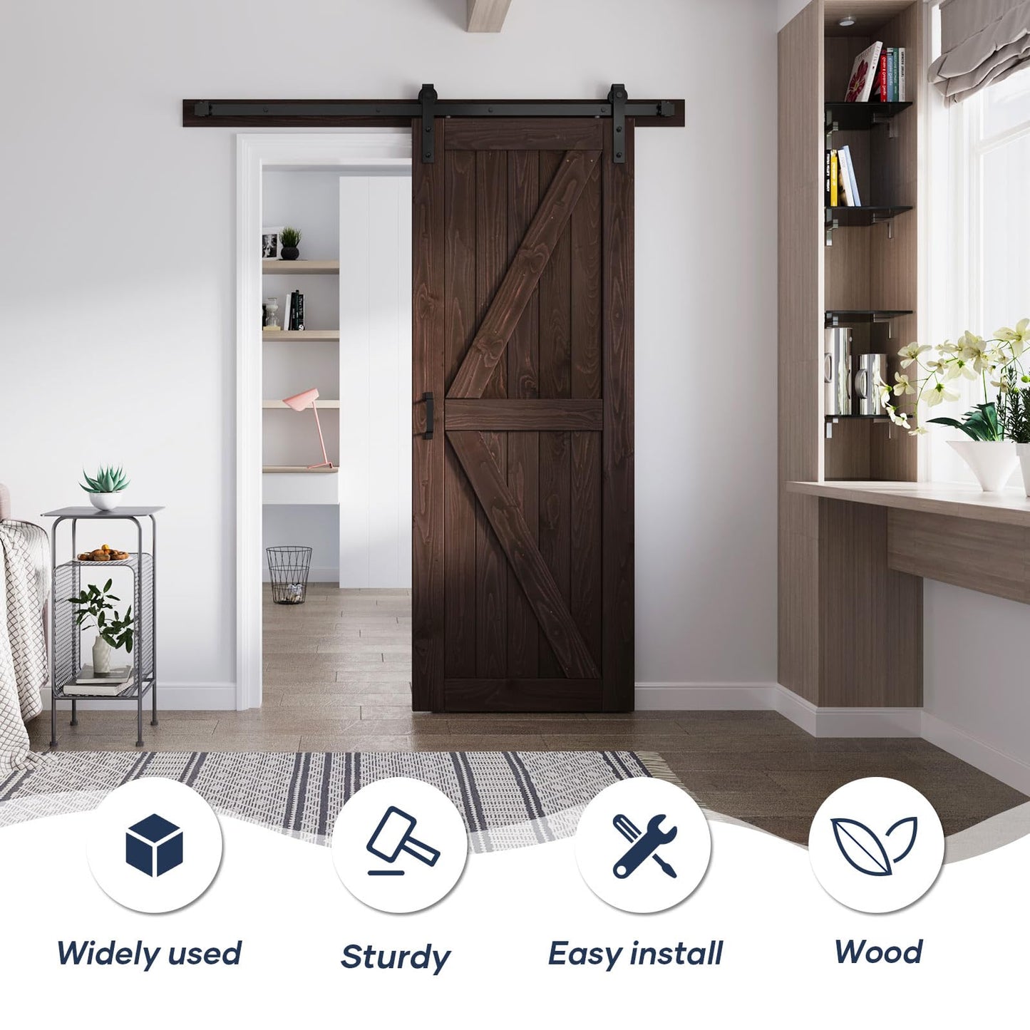 FREDBECK 30in x 80in Brown Barn Door with 5ft (60inch) Barn Door Hardware Track Kit and Handle Included, Double Surfaces,Simple Assembly is Required,K-Frame,Coffee