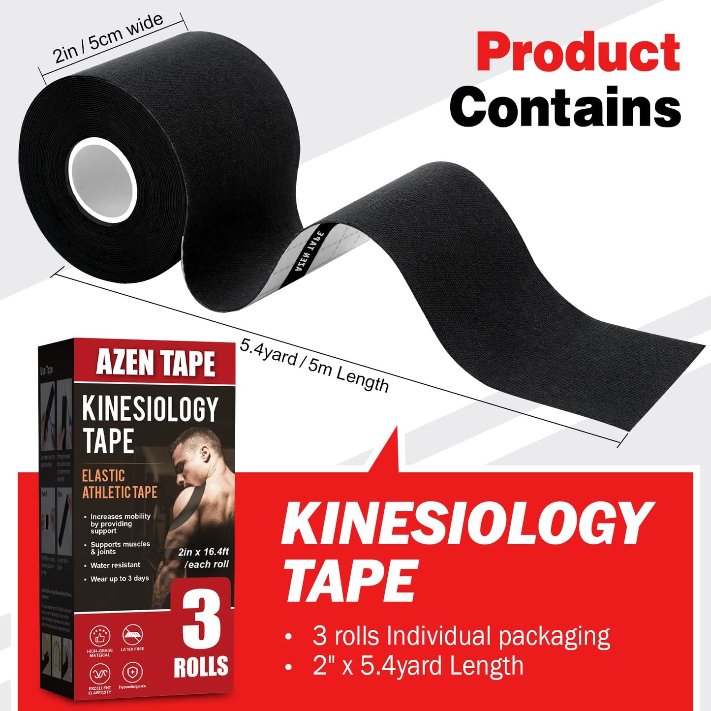 AZEN 3 Rolls Kinesiology Tape, 16.4 ft Waterproof Kinetic Tape for Joints Support and Muscle Pain Relief, Uncut Muscle Tape, Knee Tape, Athletic Tape - Black