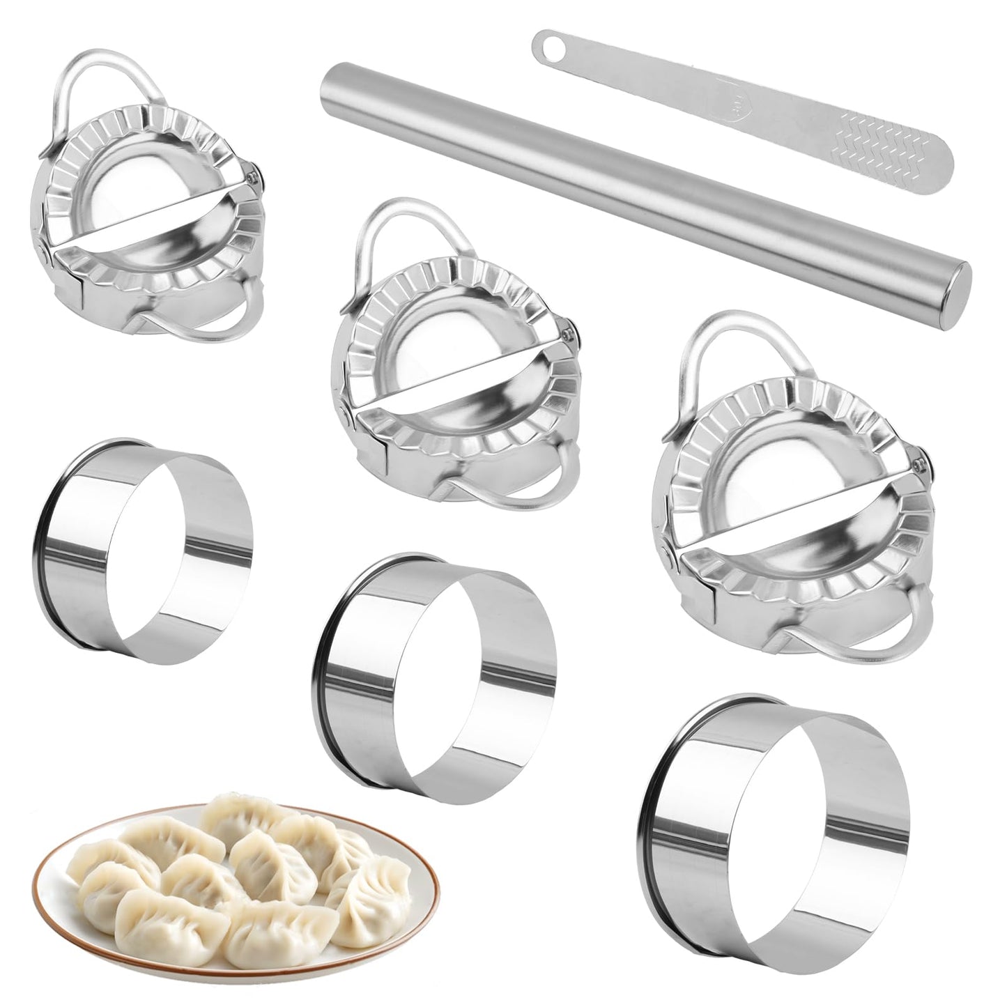 Stainless Steel Dumpling Maker Set, 3 Dumpling Maker Press + 3 Dough Cutter + 1 Stuffing Scoop +1 Rolling Pin, Easy tool for Dumpling-Wrapper Dough Stamp Cutter Pastry Pie Making(COLOR:Silver)