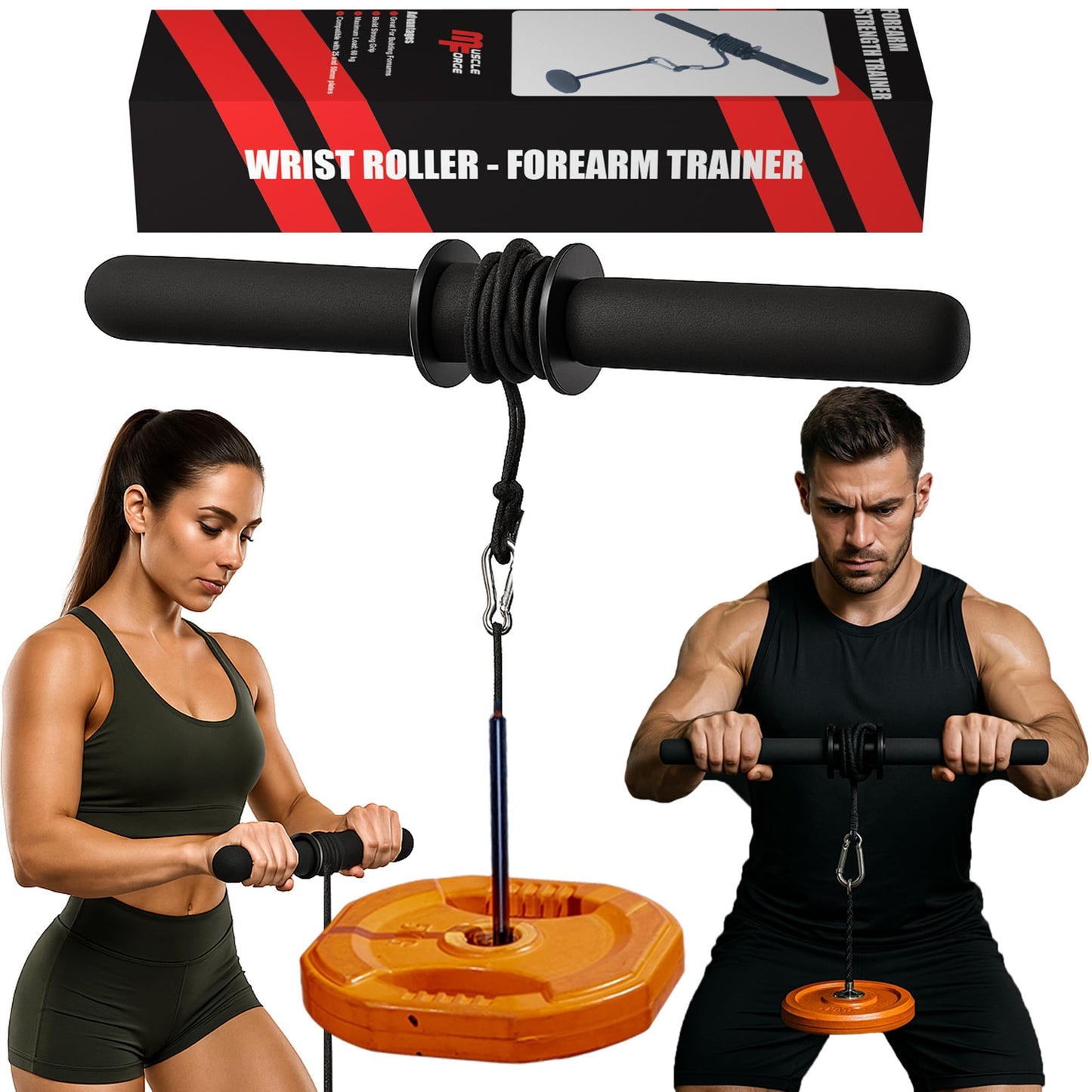 MuscleForge Wrist Roller & Forearm Strengthener, Forearm Exerciser Trainer for Men, Wrist and Grip Strengthener, Up to 130 LBS Load, Non-Slip Grip, 25mm/50mm Load Compatible Fore Arm Strength Trainer