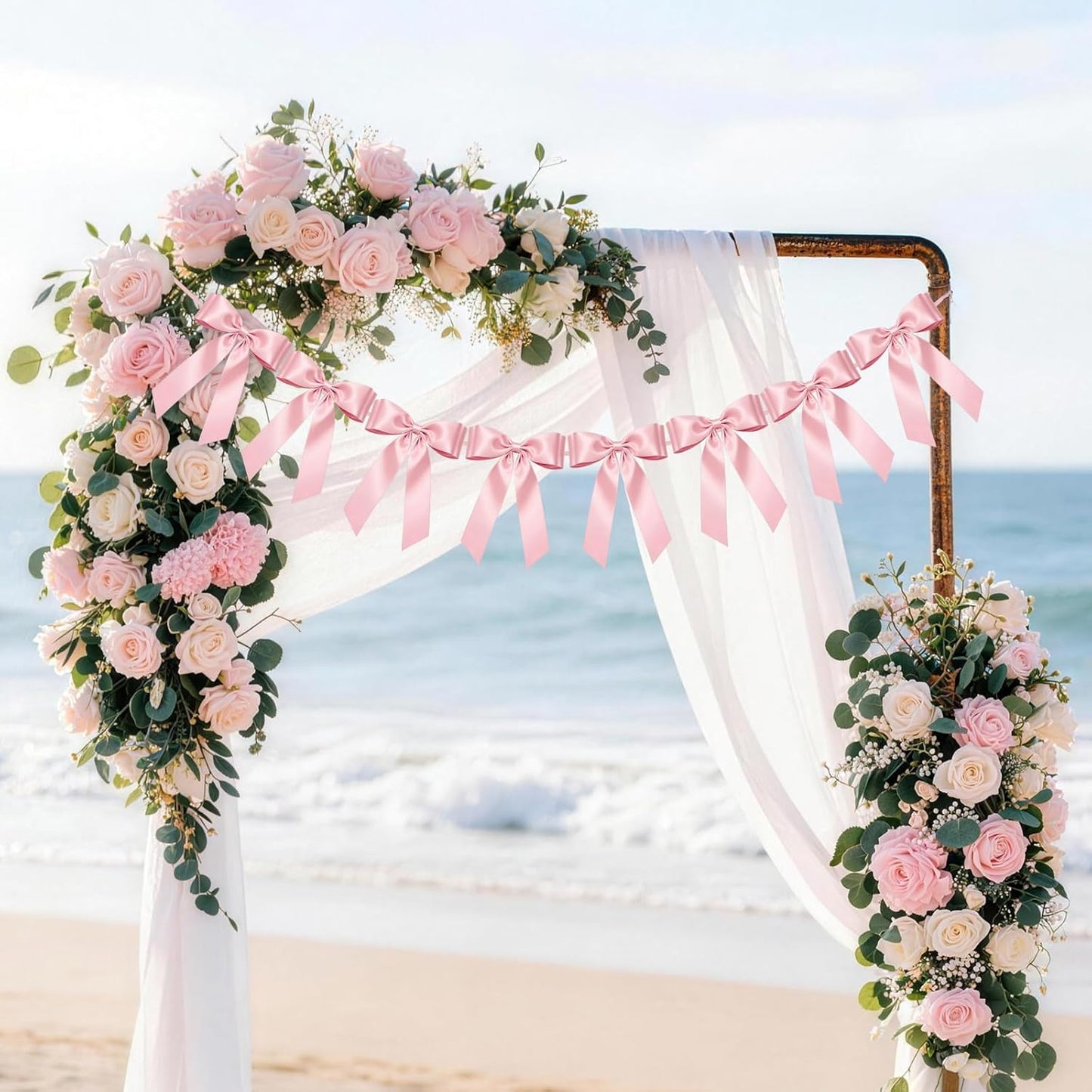 Skiennix Pink Bow Garland Banner - 8 Pre-Strung Double-Layer Satin Ribbon Bows | Valentine's Day Decor & Party Accent