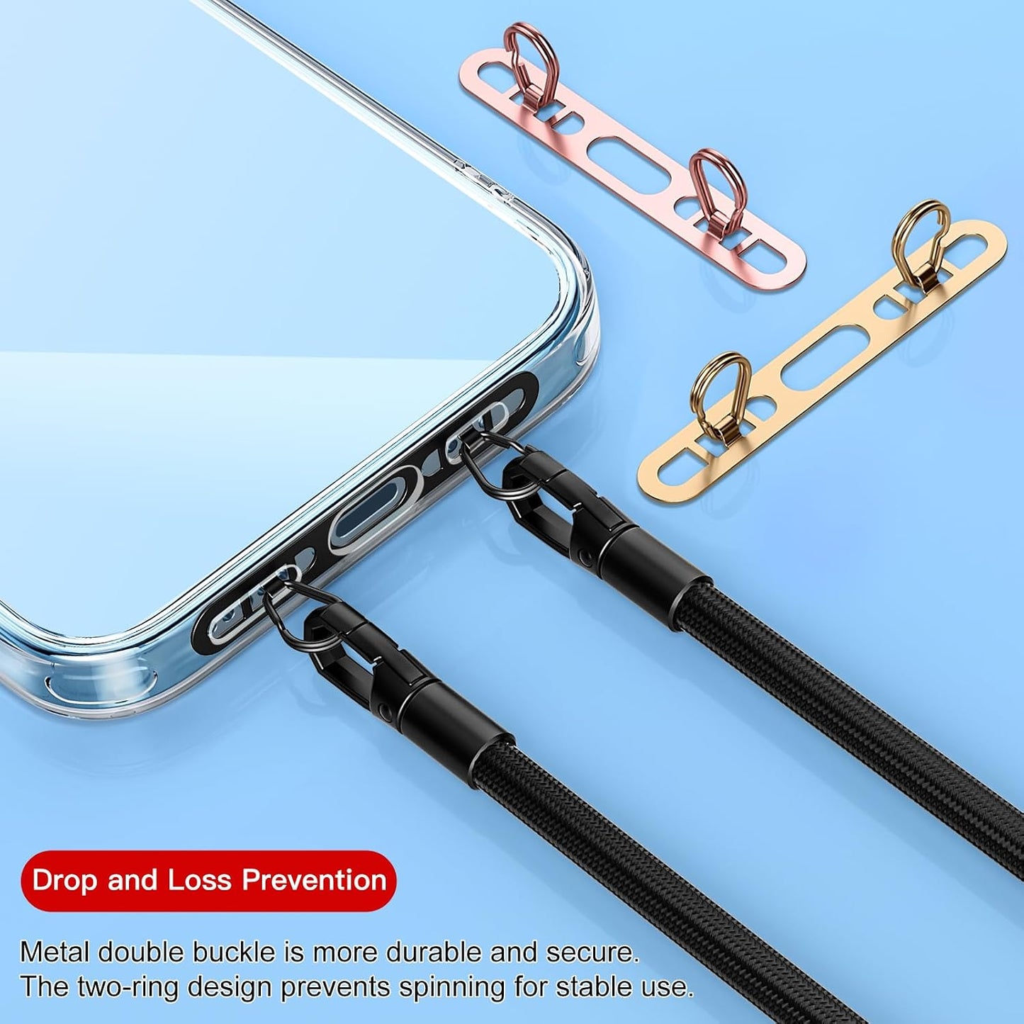 2 Pack 2 Metal Phone Tether Tabs for iPhone - Stainless Steel Phone Lanyard Patch with rings
