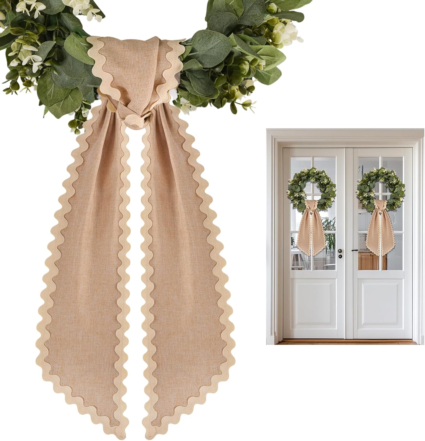 Skiennix Scalloped Wreath Sash - Ruffle Ribbon Bow for Front Door & Yard Decor | Burlap, 2 Pcs