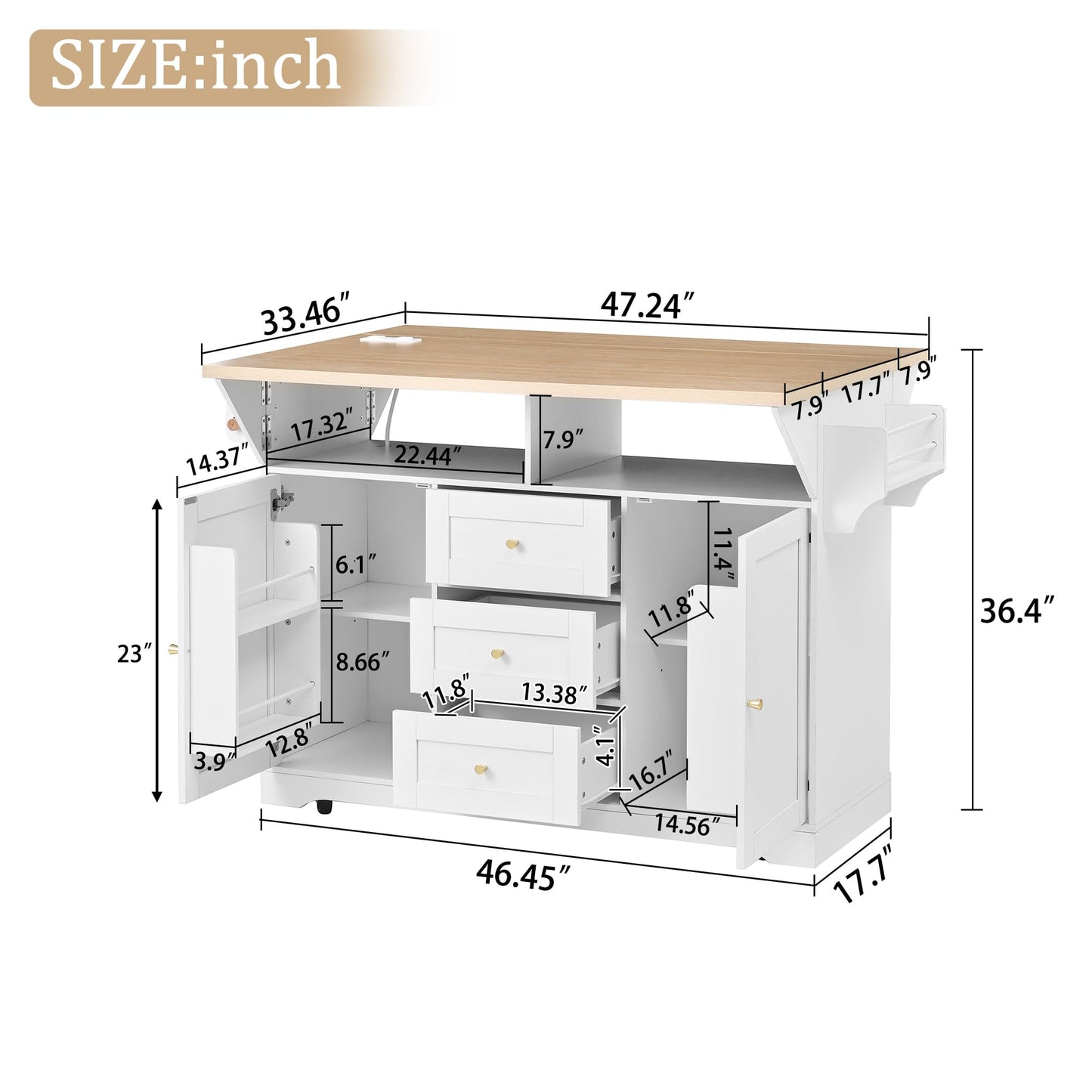 PVWIIK Large Kitchen Island,48 * 18 * 37 Rolling Kitchen Cart on 5 Wheels,Folding Storage Dining Table with 2 Drop Leaf,Spice & Towel Rack & 3 Drawers,Power Outletfor Kitchen, Dining Room,White
