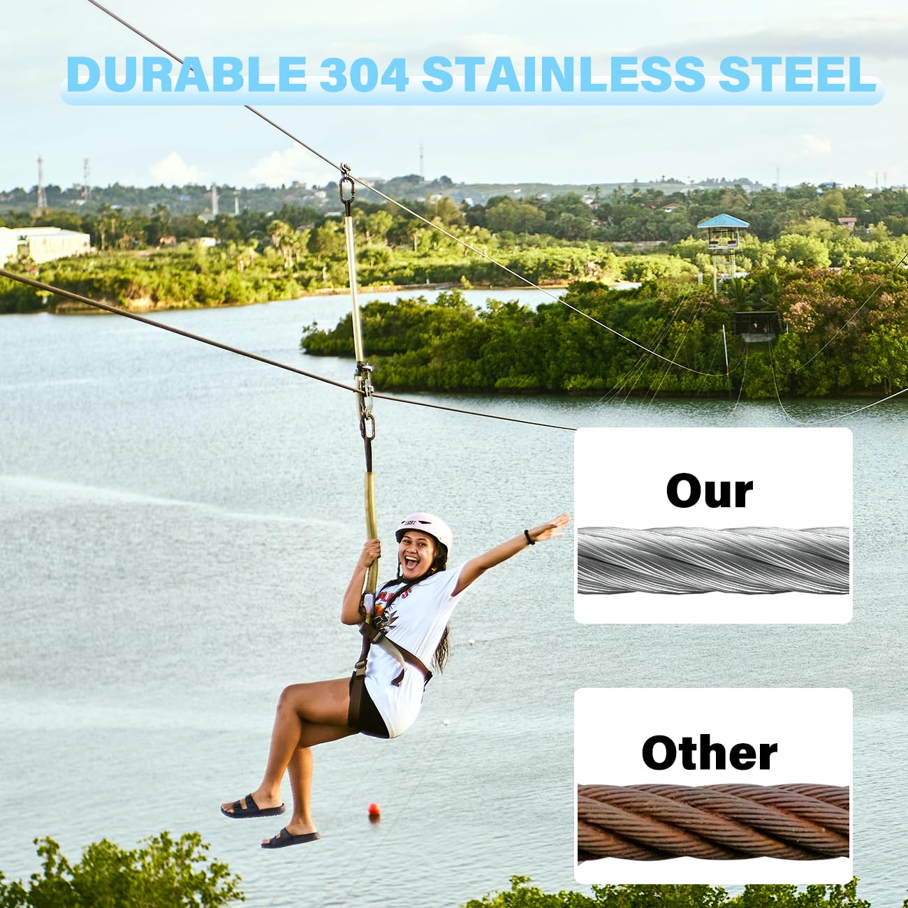 3/8” Stainless Steel Cable, 150ft 304 Stainless Steel Aircraft Cable with 12000lbs Breaking Strength, 7x19 Strands Wire Rope with Clamps & Thimble for Ziplines, Boat Lifts, Deck Railings, Winch Cable