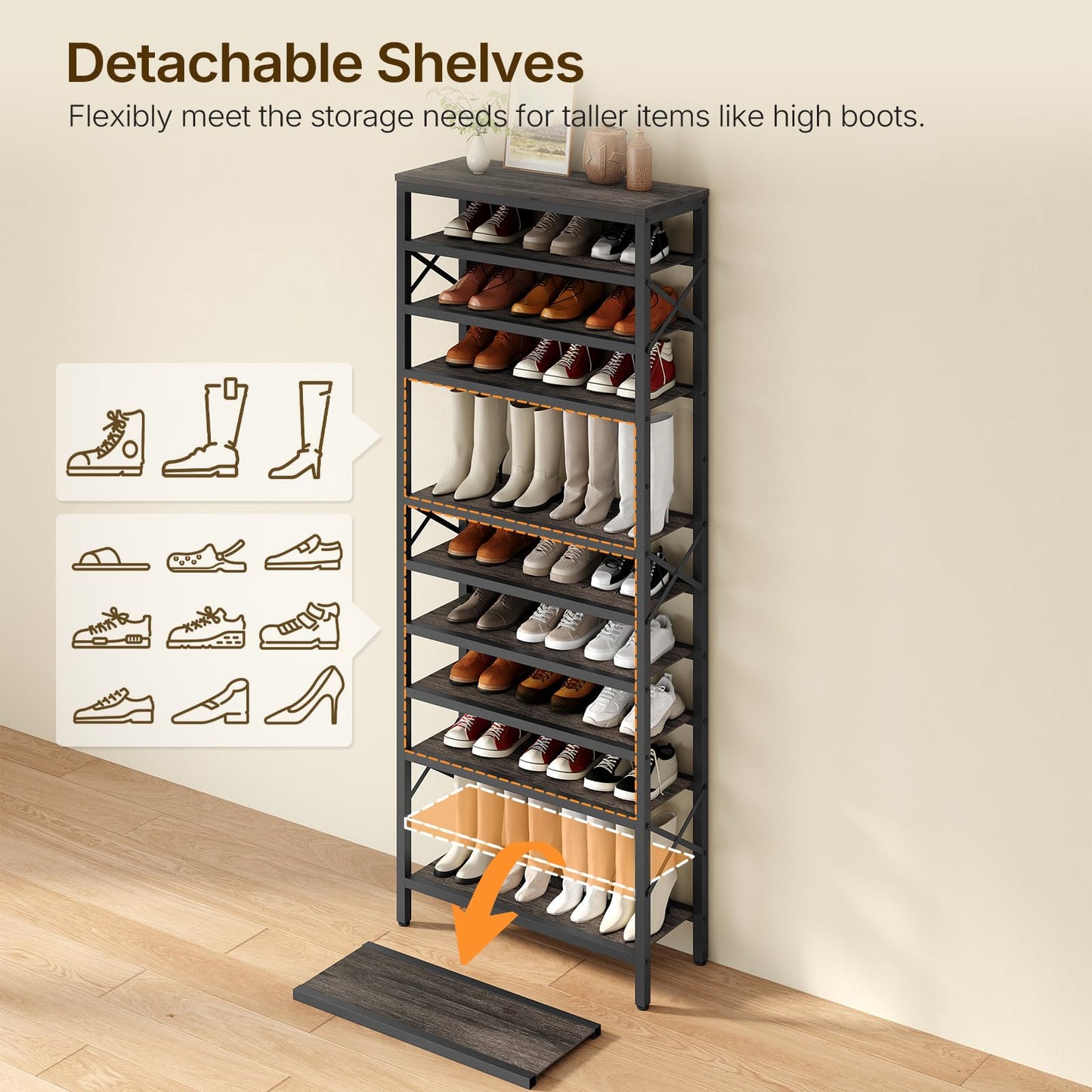 YATINEY 6-Tier Shoe Rack and 12-Tier Tall Shoe Rack Organizer, Wooden Shoe Storage for Closet Holds 48 Pairs, Sturdy Shoe Shelf with X-Shaped Metal Support, for Entryway SS06BR-SS212BC