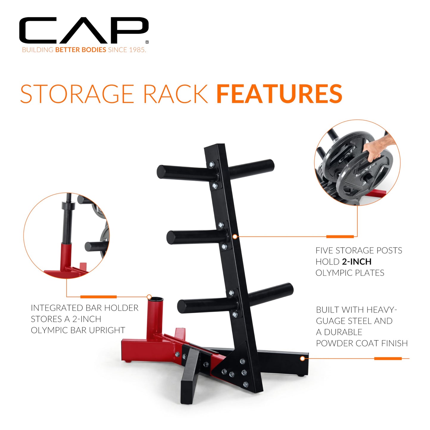 CAP Barbell Olympic Plate Tree Storage Rack for Weights and Bar, Red