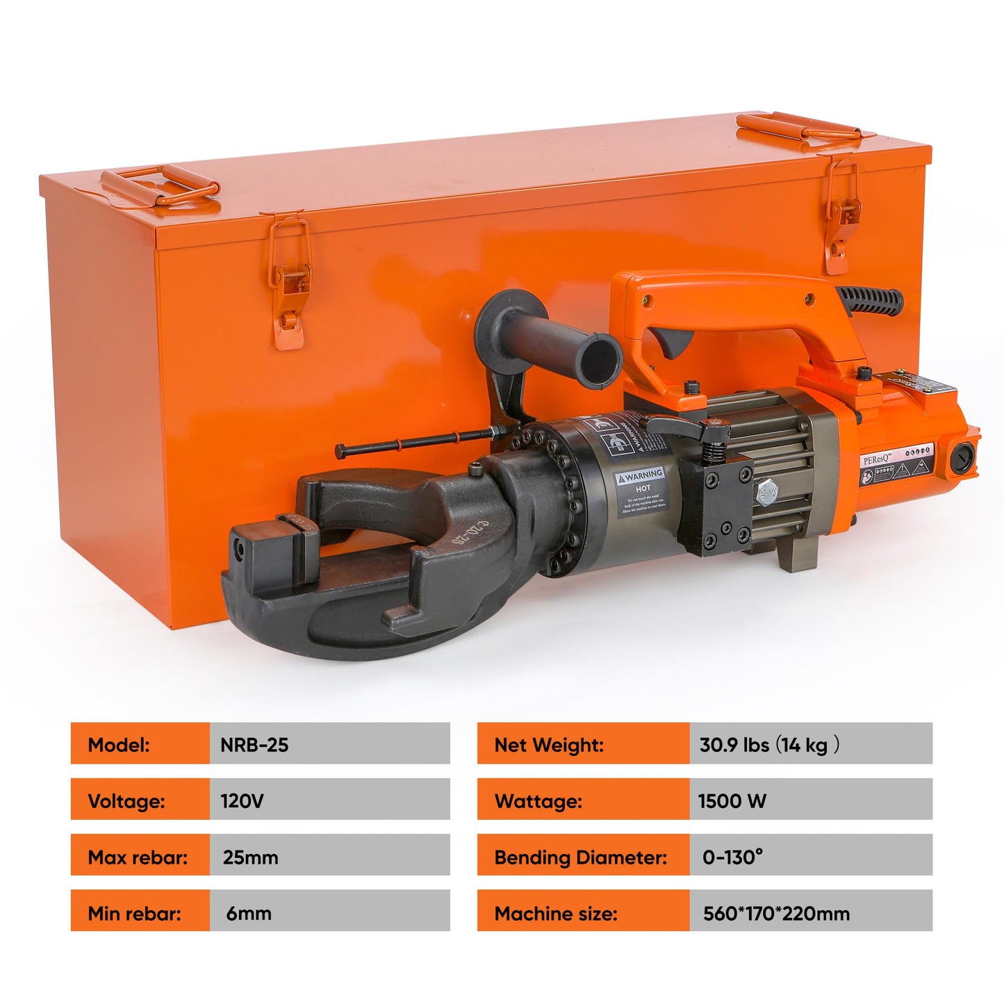 Electric Hydraulic Rebar Bender, 1500W 120V Portable Rebar Bender, Bending up to 1″ (#8, 25mm) Rebar, Lightweight 30 lb Aluminum Body, NRB-25 (NRB-25 Orange)
