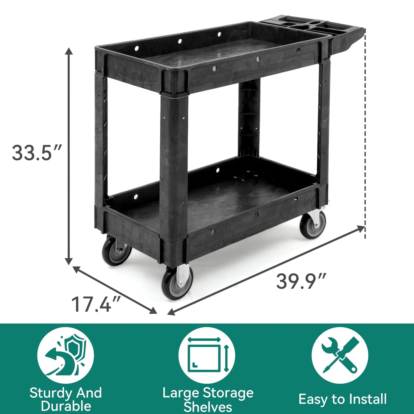 YITAHOME Utility Cart on Wheels, Plastic Tool Cart 550 lbs Capacity Service Cart, 40 x 17 Inch 2 Shelf Extra Heavy Duty Rolling Work Carts for Warehouse, Garage, School & Office, Cleaning, Black