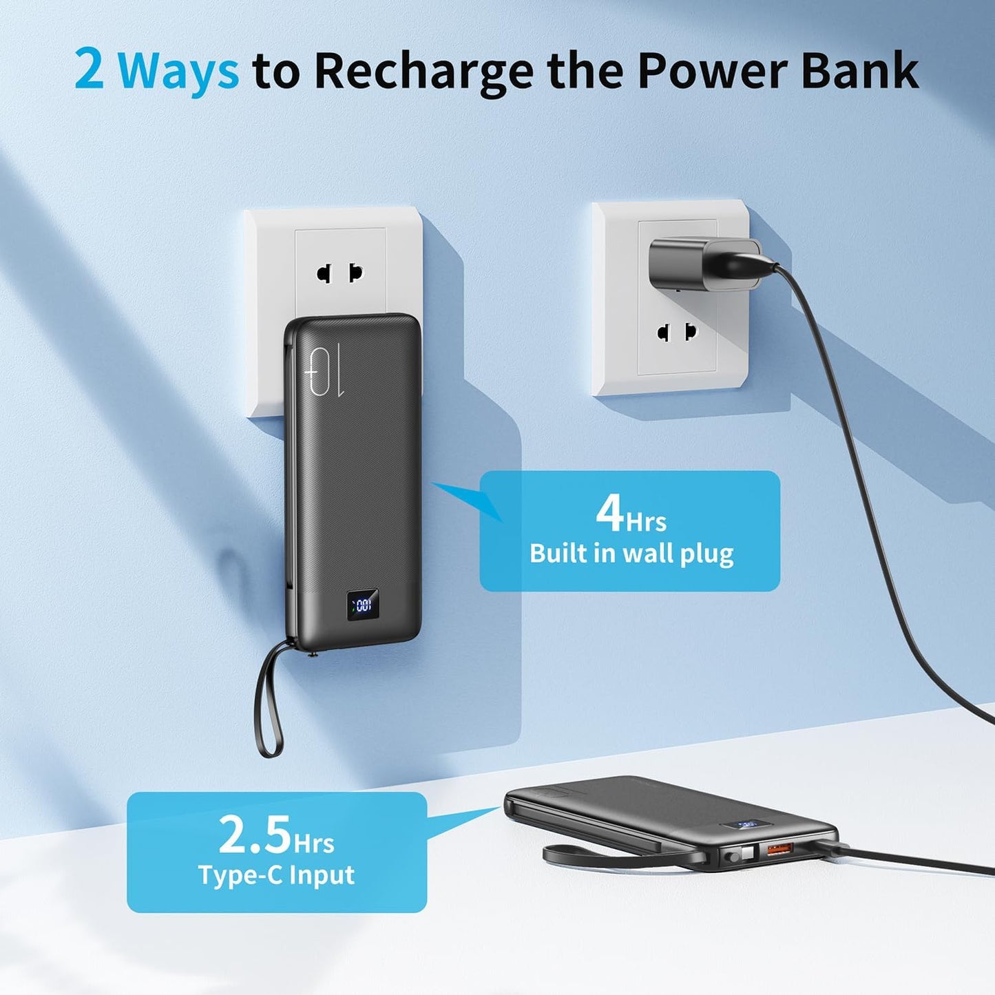 BRIBRON 10000mAh Pack, 16/15/14/13 Portable Charger with Built-in Cables Power Bank with Cords, Slim Fast Charging