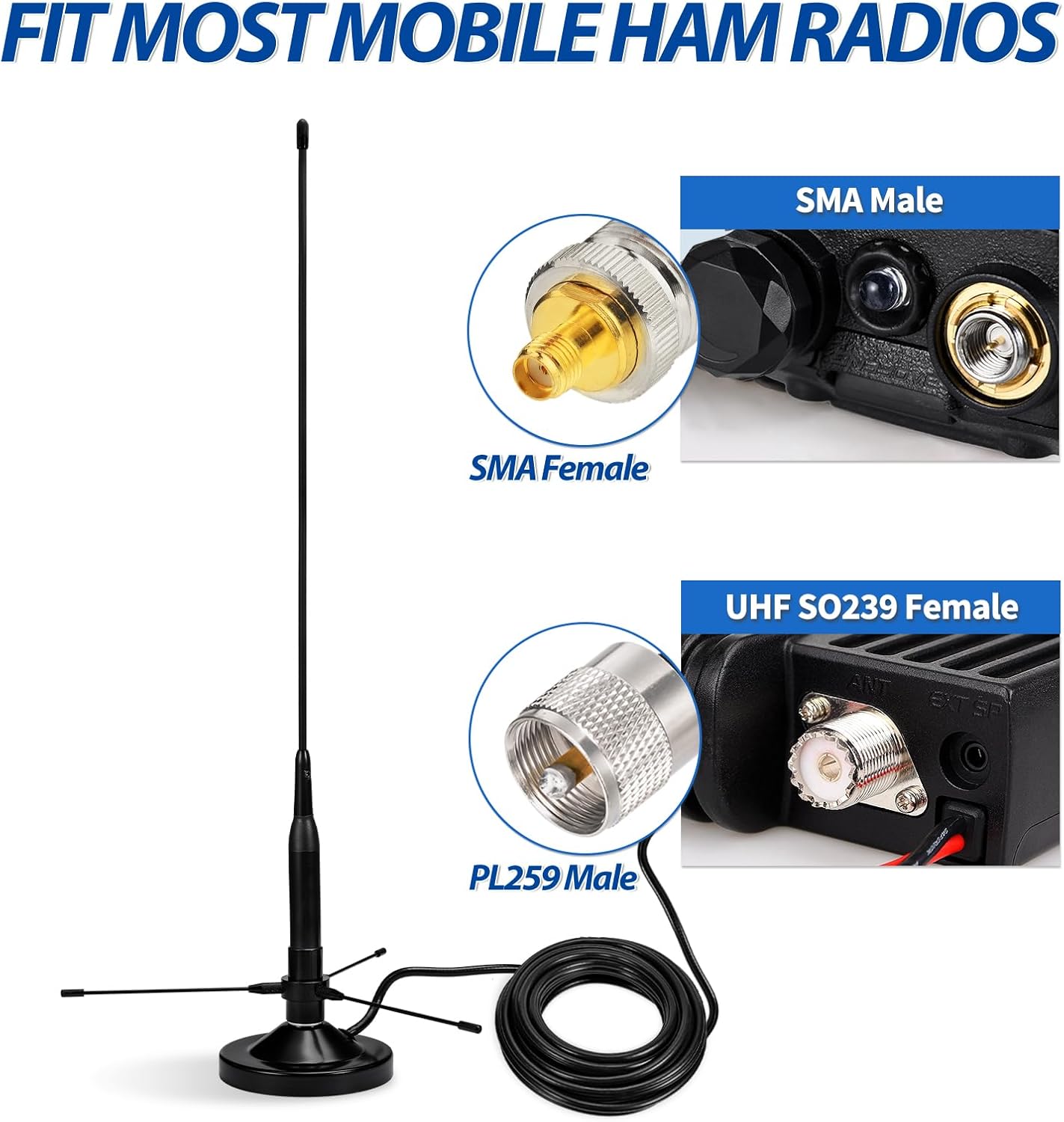 BINGFU 136-174MHz 400-470MHz PL259 Vehicle Mobile Ham Radio Antenna with Ground Planes Dual Band VHF UHF Magnetic Base